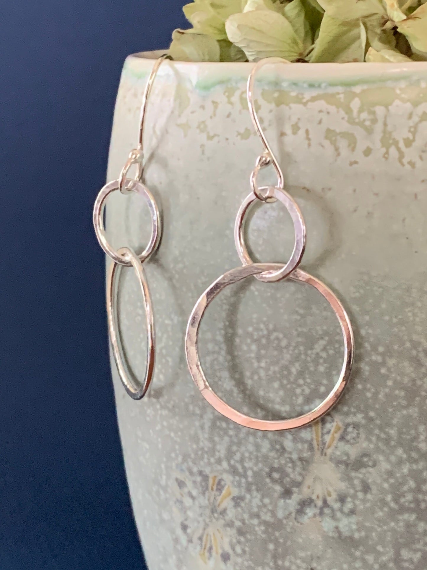 Double Hoop Earrings, Sterling Silver Hammered Jewelry, Hand Forged