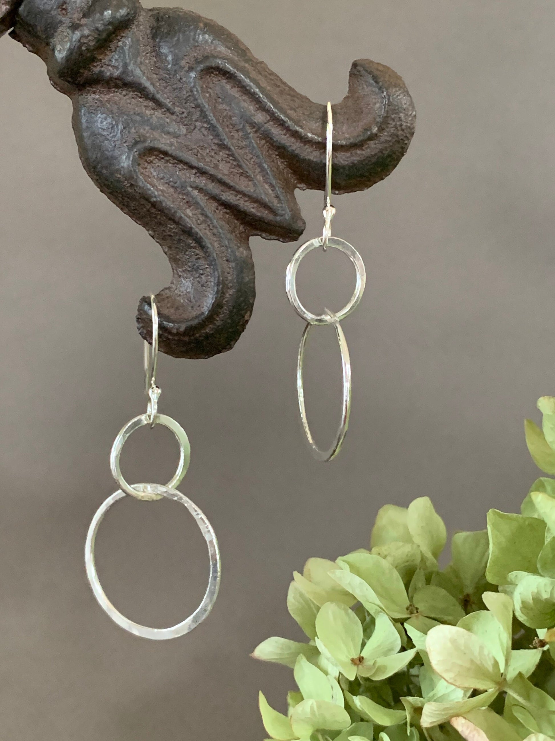 Double Hoop Earrings, Sterling Silver Hammered Jewelry, Hand Forged