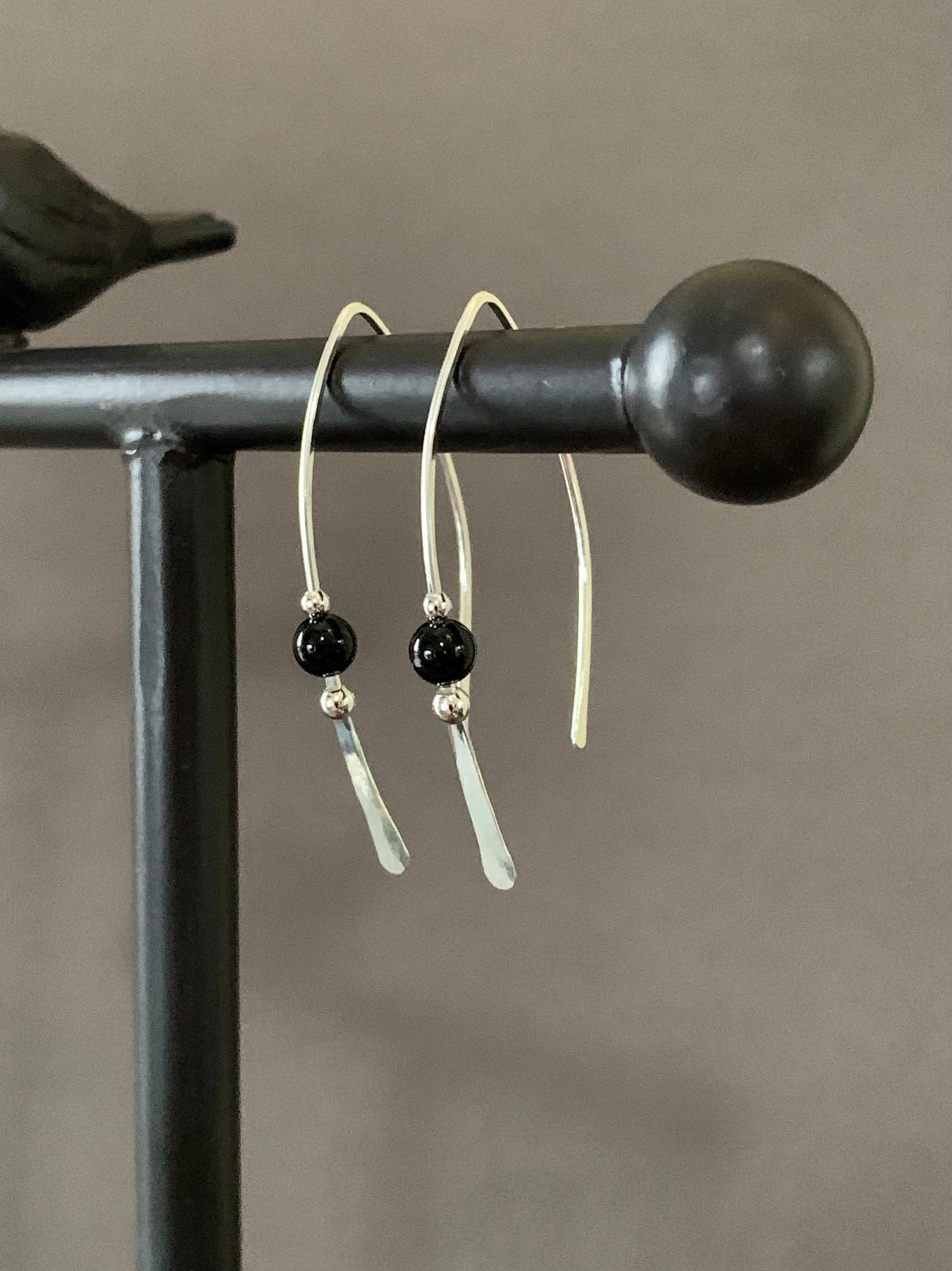 Threader Earrings, Sterling Wishbone Earrings, Black Glass Bead, Thin Open Hoops, Medium Hammered Hoop Earrings