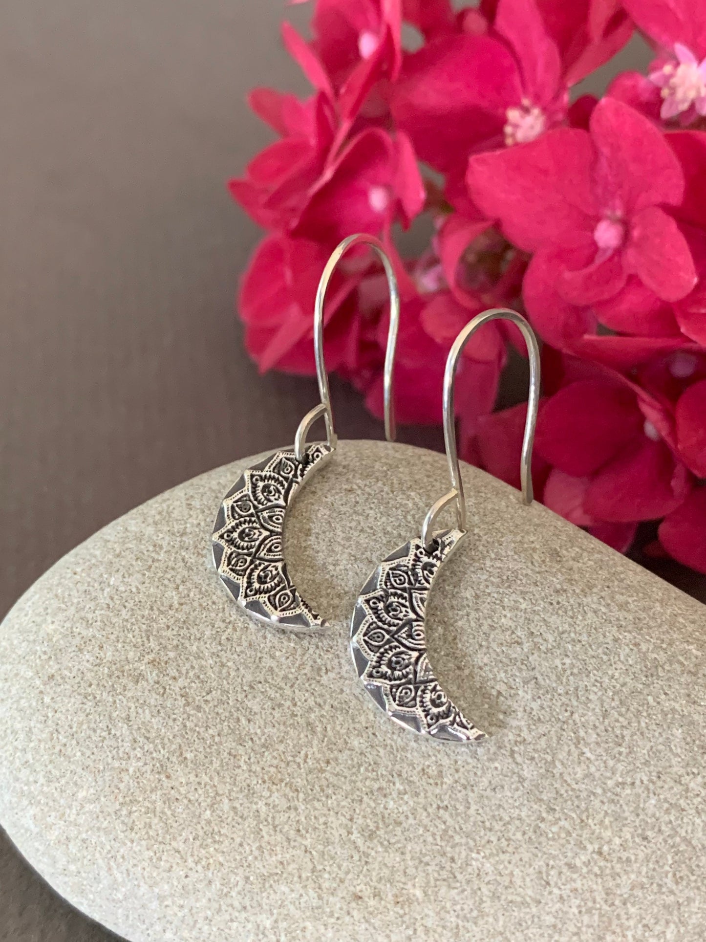 Tiny Silver Crescent Moon Earrings, Mandala Earrings, Sterling Silver Moon Mandala Earrings, Boho Style Earrings, Yoga Gift, Handmade