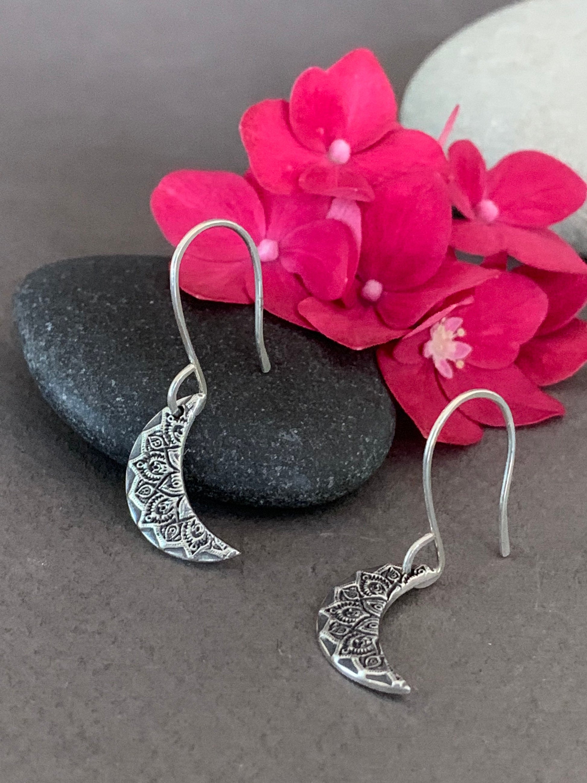 Tiny Silver Crescent Moon Earrings, Mandala Earrings, Sterling Silver Moon Mandala Earrings, Boho Style Earrings, Yoga Gift, Handmade