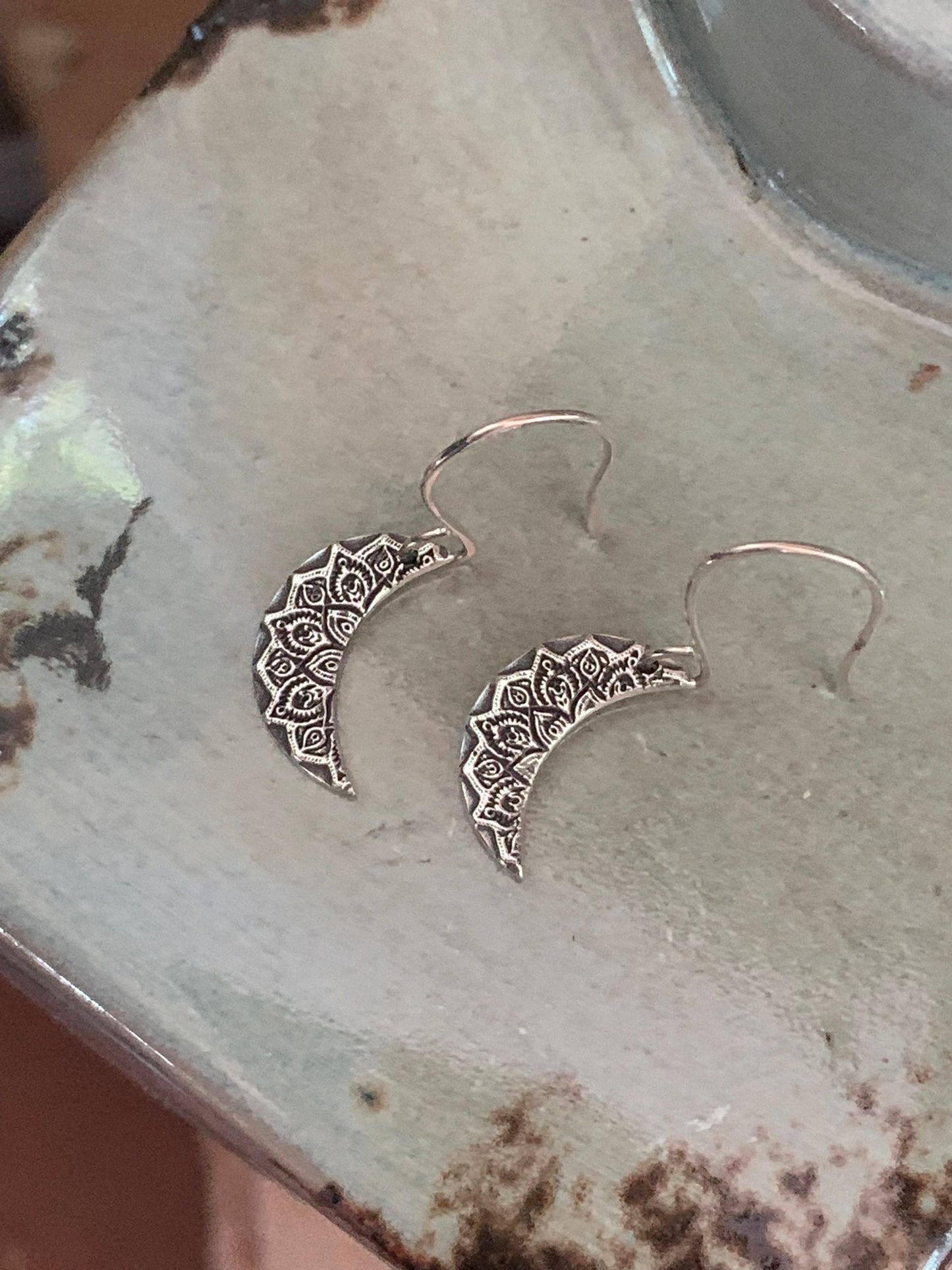 Tiny Silver Crescent Moon Earrings, Mandala Earrings, Sterling Silver Moon Mandala Earrings, Boho Style Earrings, Yoga Gift, Handmade