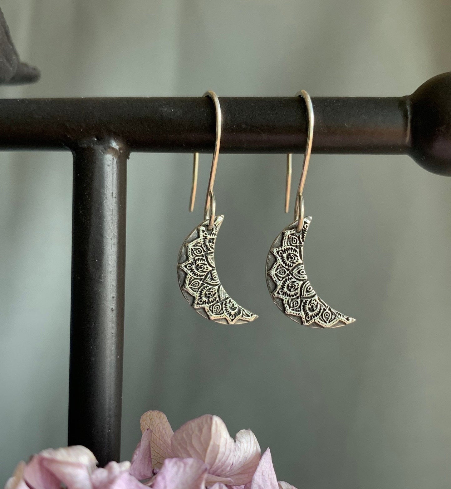 Tiny Silver Crescent Moon Earrings, Mandala Earrings, Sterling Silver Moon Mandala Earrings, Boho Style Earrings, Yoga Gift, Handmade