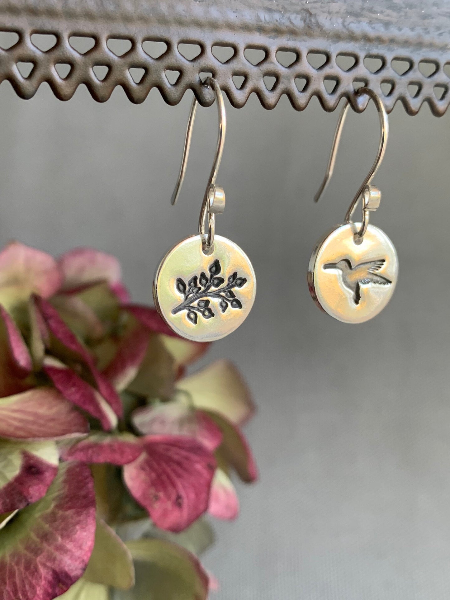 Silver Hummingbird Earrings, Mismatched Earrings, Bird Earrings, Sterling Bird Charm, Flower Earrings, Bird Lover Gift