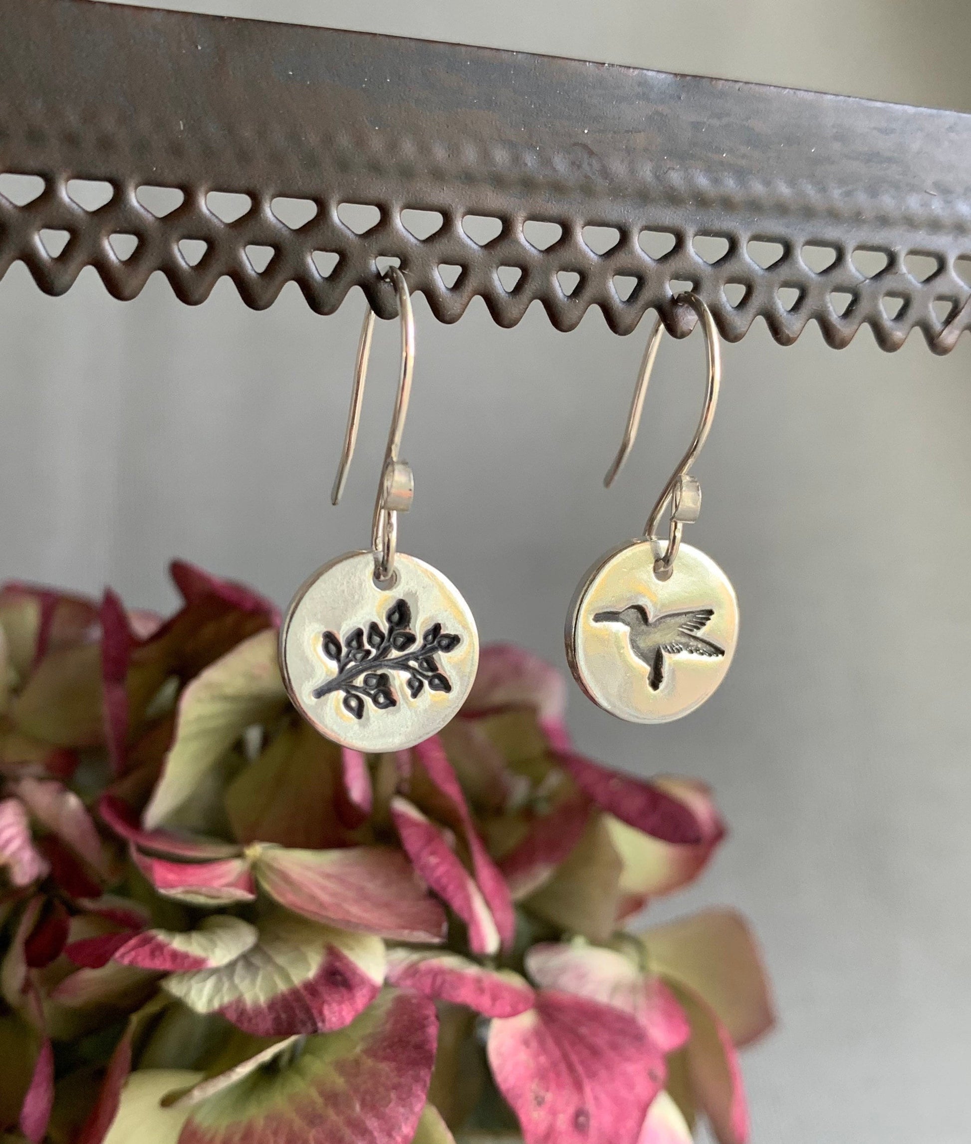 Silver Hummingbird Earrings, Mismatched Earrings, Bird Earrings, Sterling Bird Charm, Flower Earrings, Bird Lover Gift