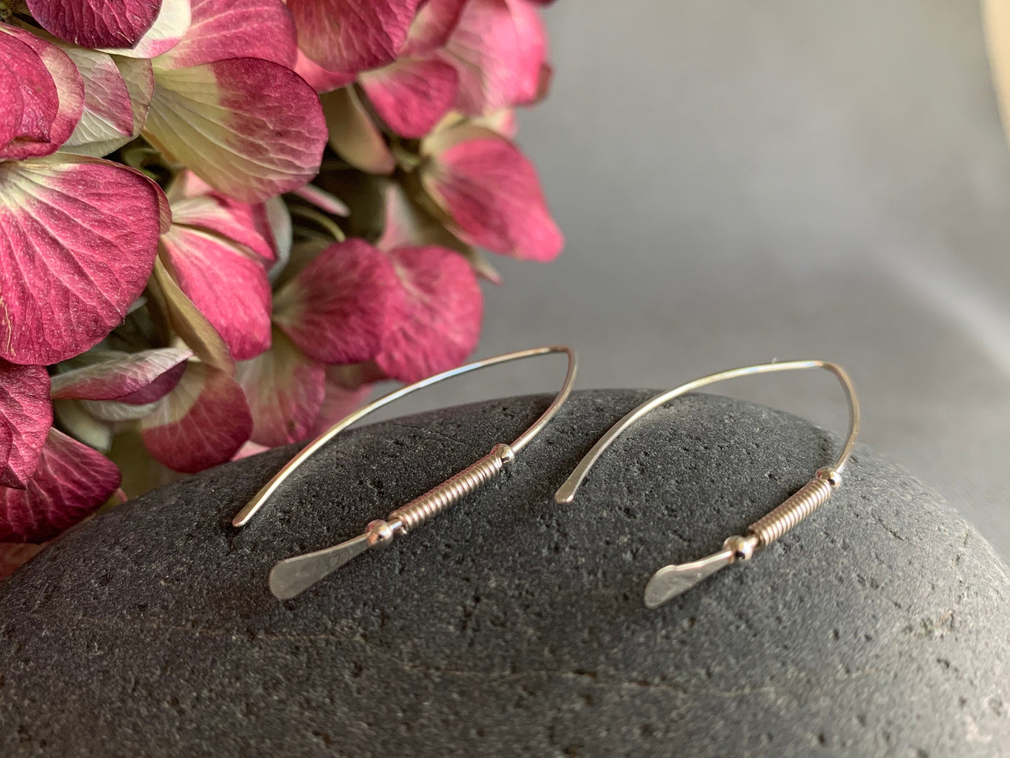 Sterling Silver Threader Earrings, Sterling Wishbone Earrings, Unique Handmade Earrings, Thin Open Hoops, Wire Wrapped Earrings