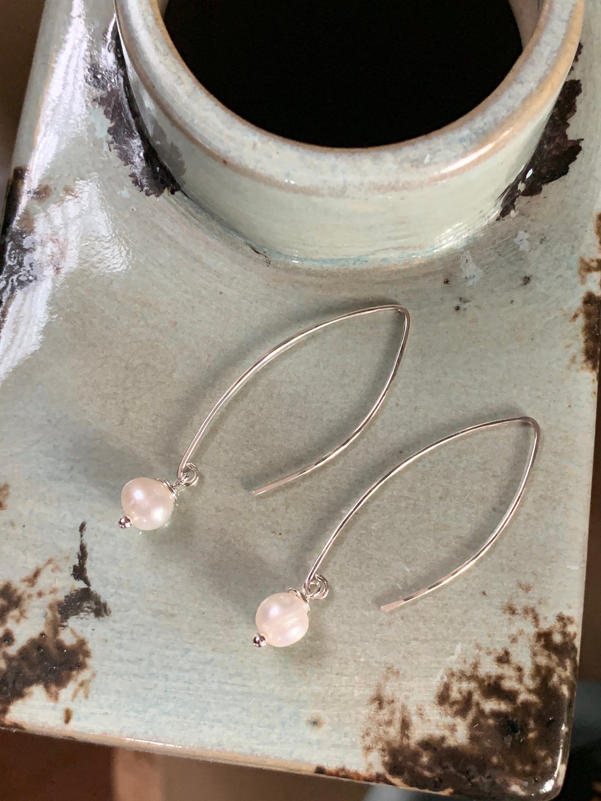 Silver Threader Earrings, Pearl Sterling Wishbone Earrings, Thin Open Hoops, Delicate Hoops with Freshwater Pearls