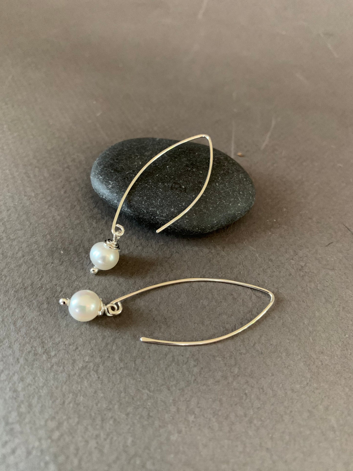 Silver Threader Earrings, Pearl Sterling Wishbone Earrings, Thin Open Hoops, Delicate Hoops with Freshwater Pearls