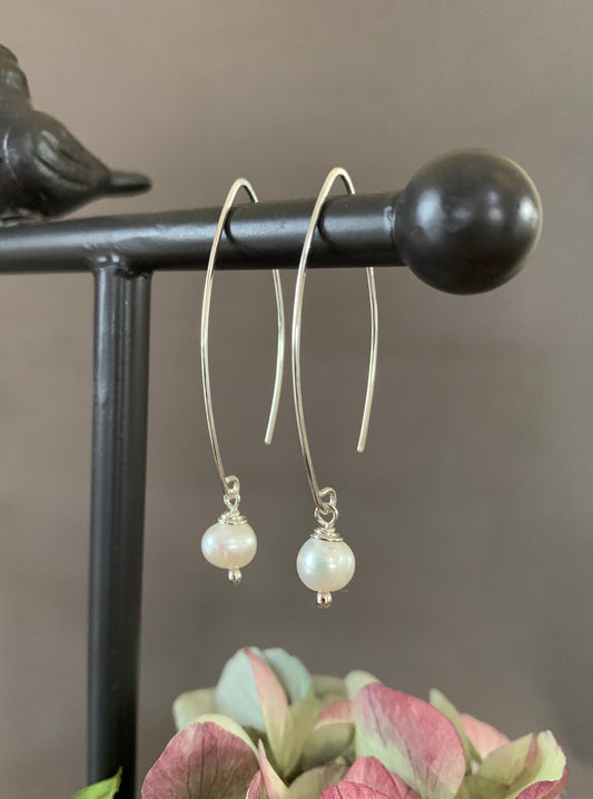 Silver Threader Earrings, Pearl Sterling Wishbone Earrings, Thin Open Hoops, Delicate Hoops with Freshwater Pearls