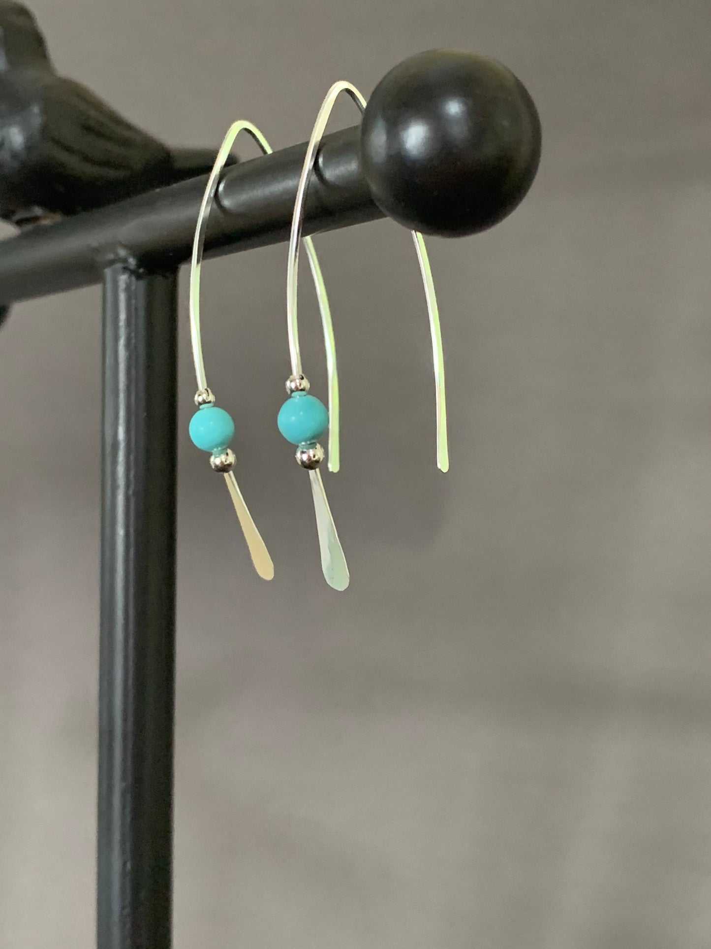 Silver Threader Earrings, Sterling Wishbone Earrings, Ocean Blue Stone Bead, Thin Open Hoops, Medium Hammered Hoop Earrings