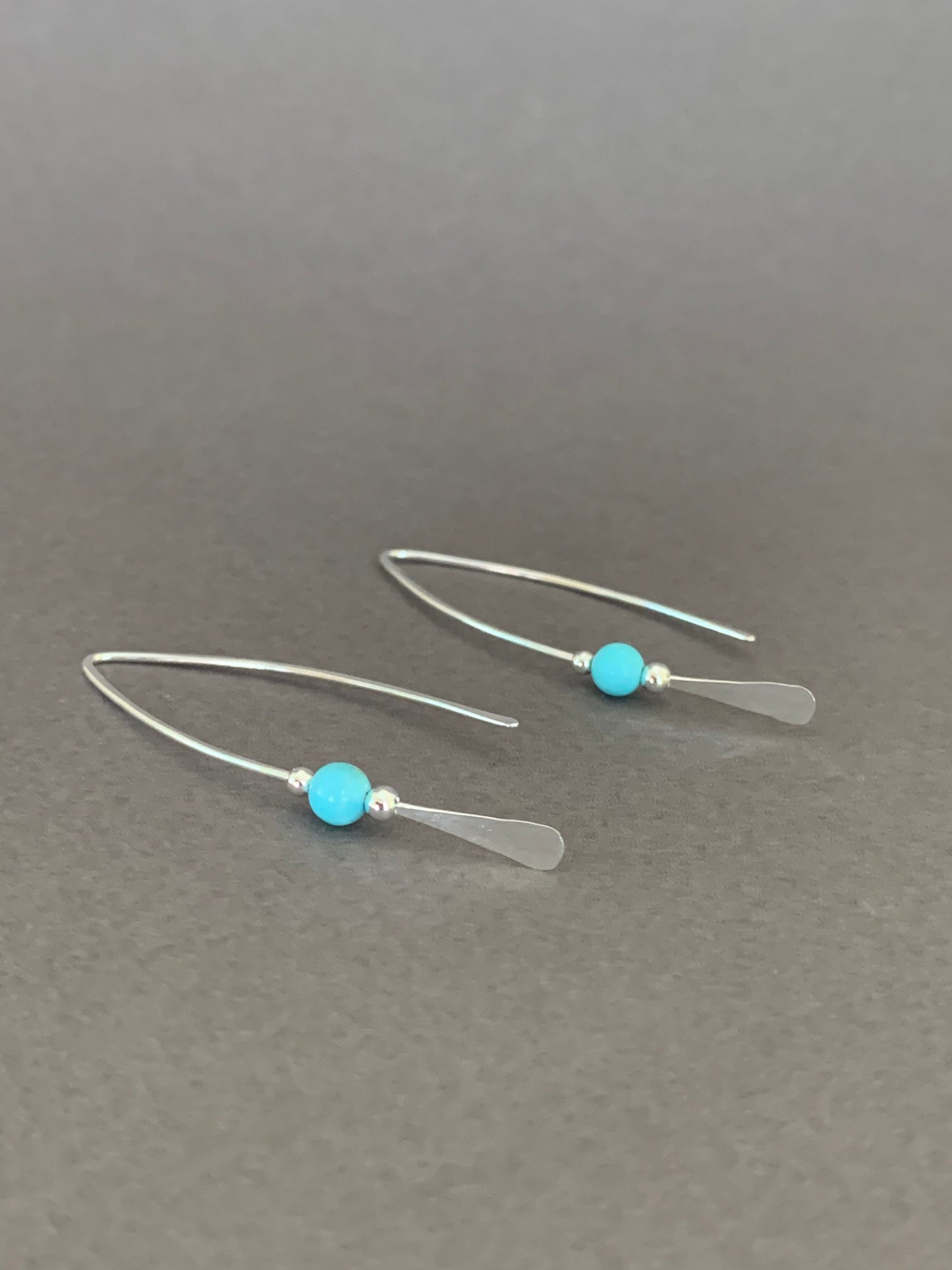 Silver Threader Earrings, Sterling Wishbone Earrings, Ocean Blue Stone Bead, Thin Open Hoops, Medium Hammered Hoop Earrings