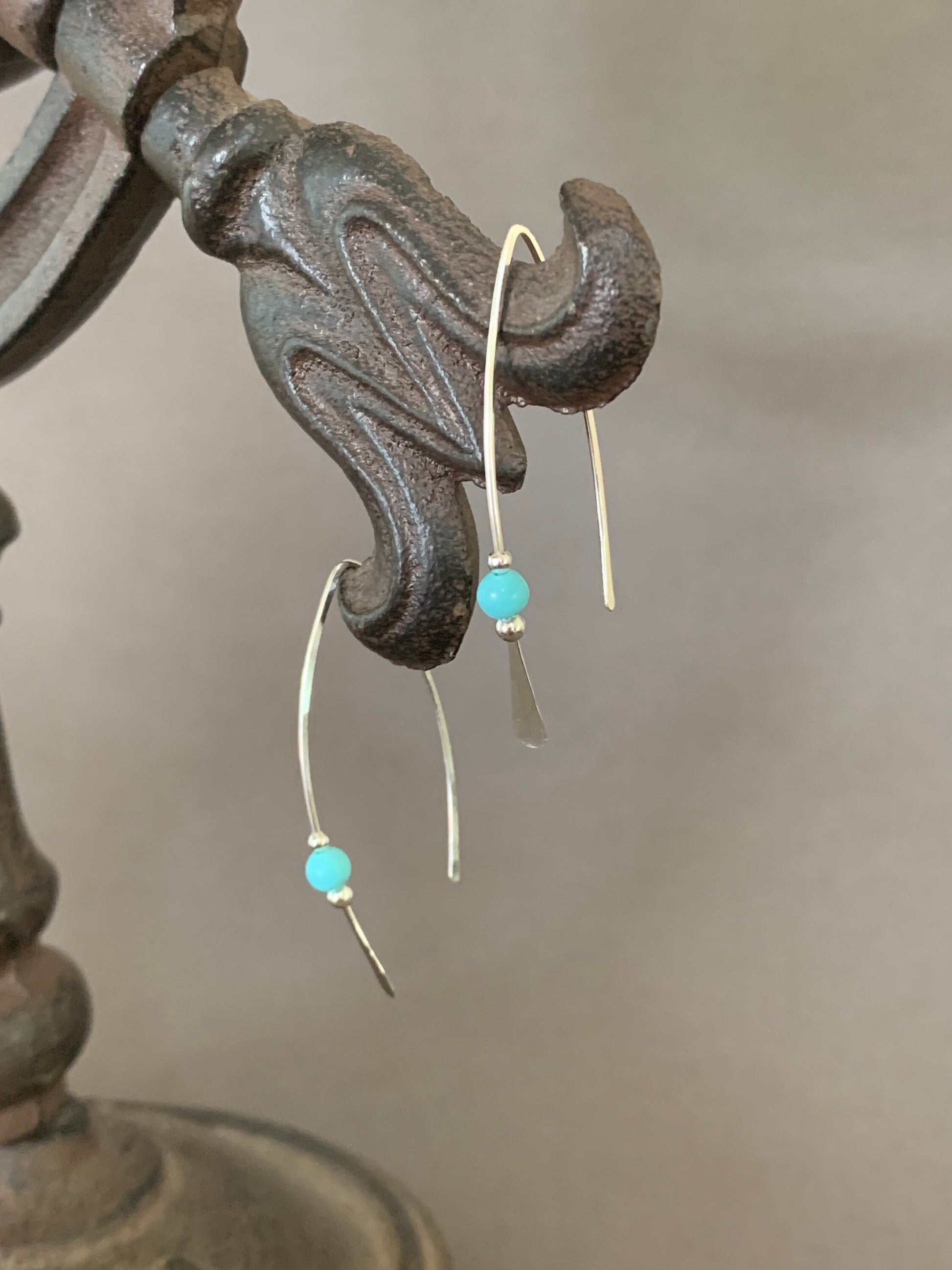 Silver Threader Earrings, Sterling Wishbone Earrings, Ocean Blue Stone Bead, Thin Open Hoops, Medium Hammered Hoop Earrings