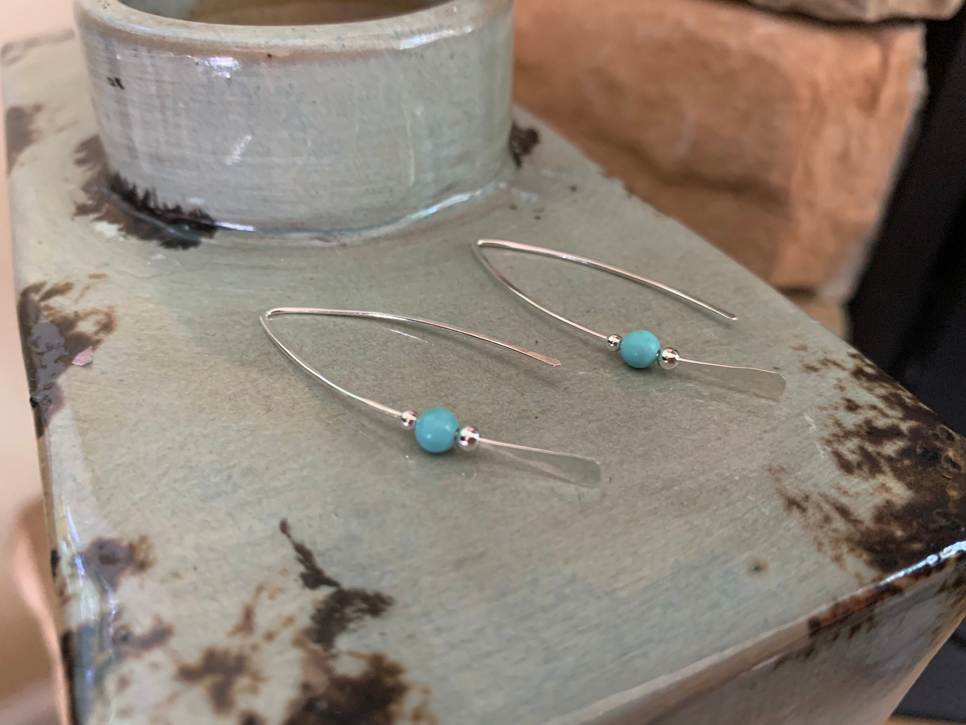 Silver Threader Earrings, Sterling Wishbone Earrings, Ocean Blue Stone Bead, Thin Open Hoops, Medium Hammered Hoop Earrings