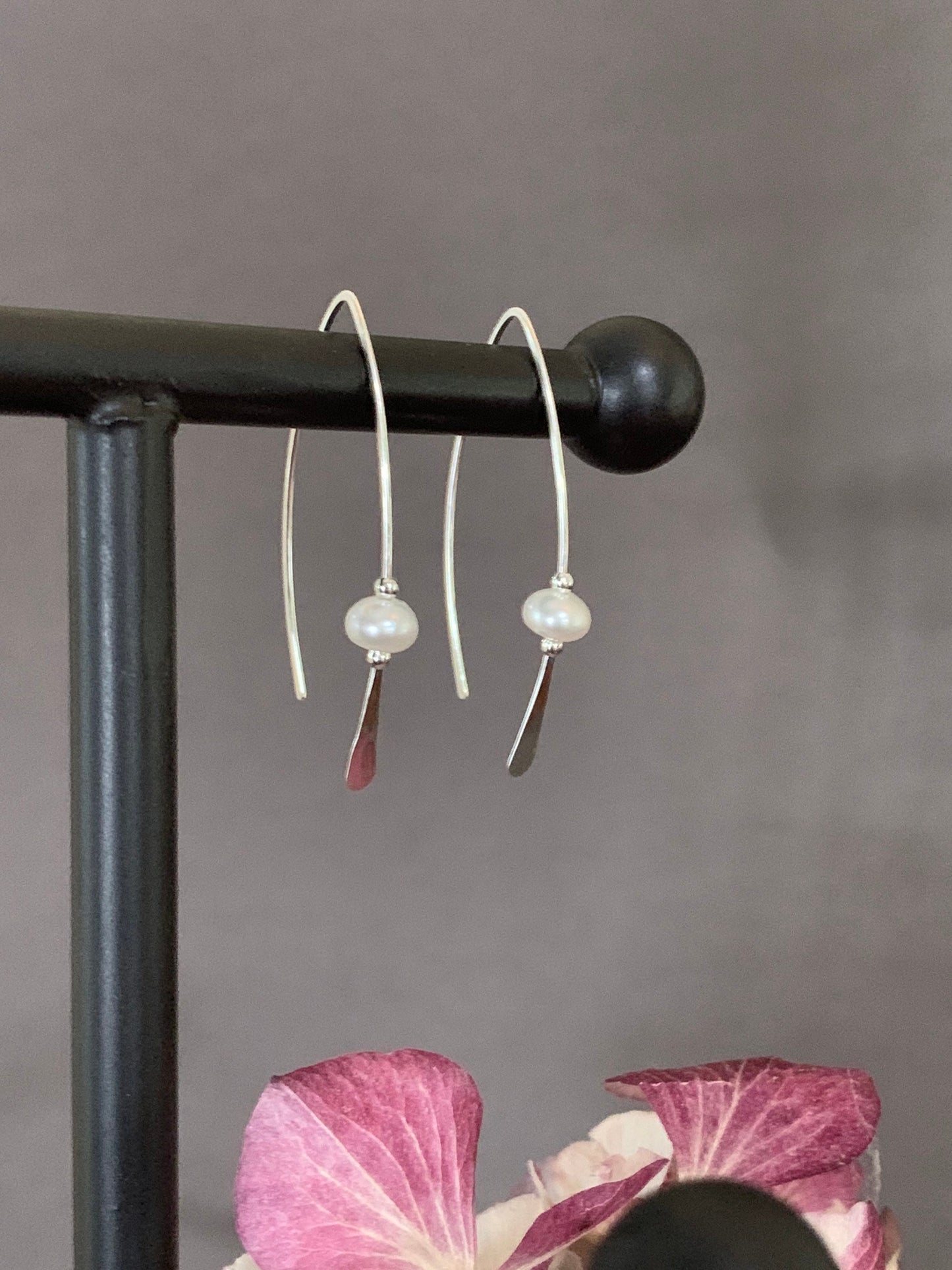 Silver Pearl Threader Earrings, Pearl Sterling Wishbone Earrings, Thin Open Hoops, Delicate Hoops with Freshwater Pearls