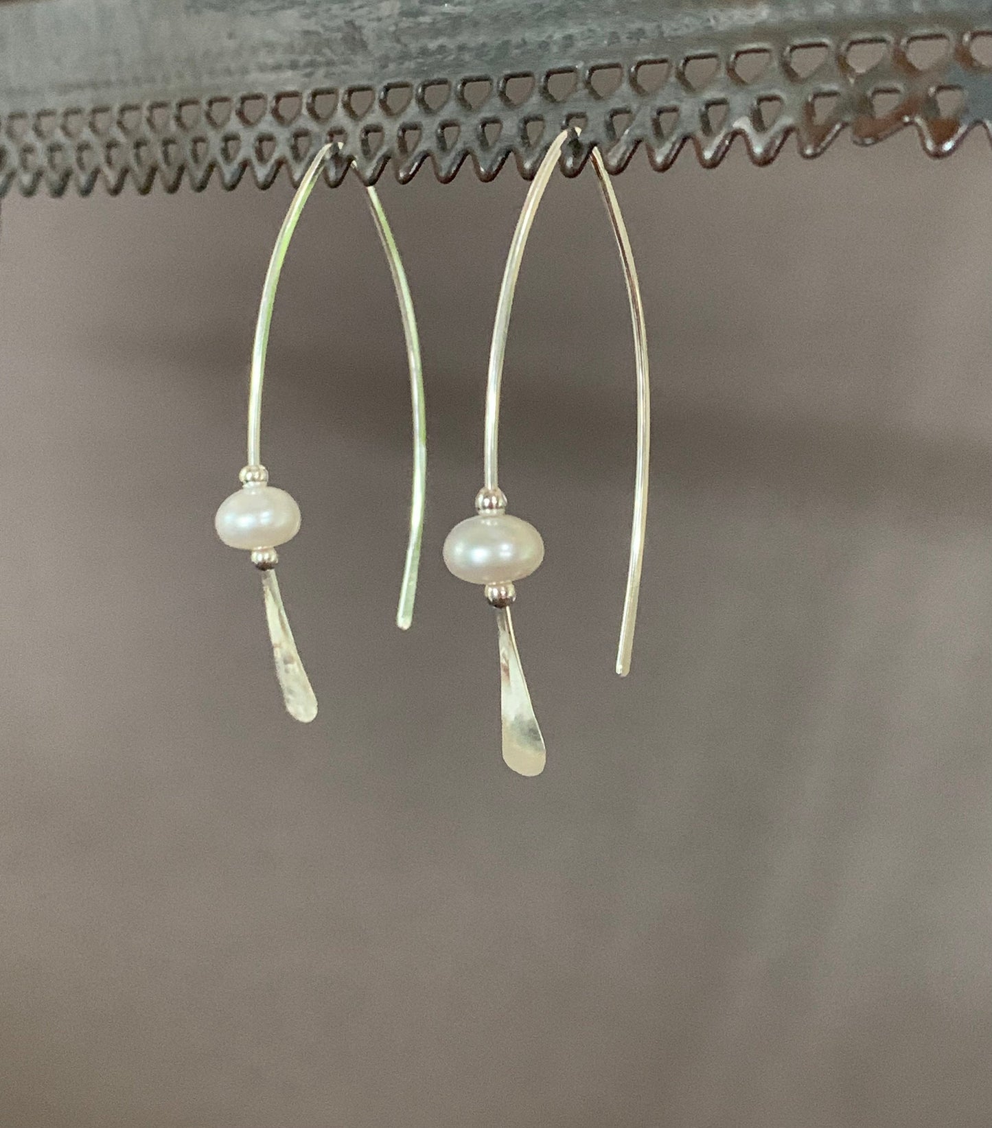 Silver Pearl Threader Earrings, Pearl Sterling Wishbone Earrings, Thin Open Hoops, Delicate Hoops with Freshwater Pearls