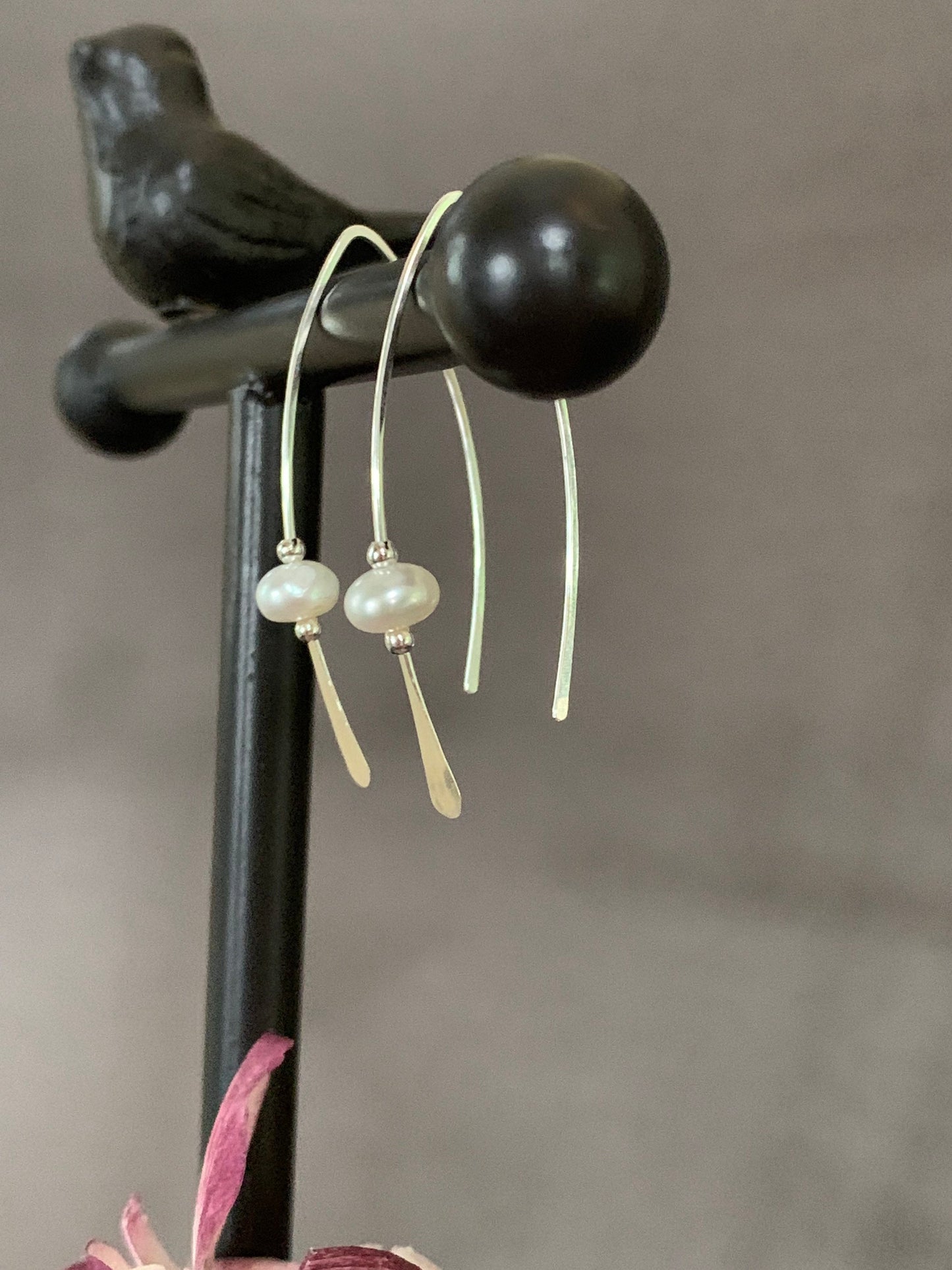 Silver Pearl Threader Earrings, Pearl Sterling Wishbone Earrings, Thin Open Hoops, Delicate Hoops with Freshwater Pearls