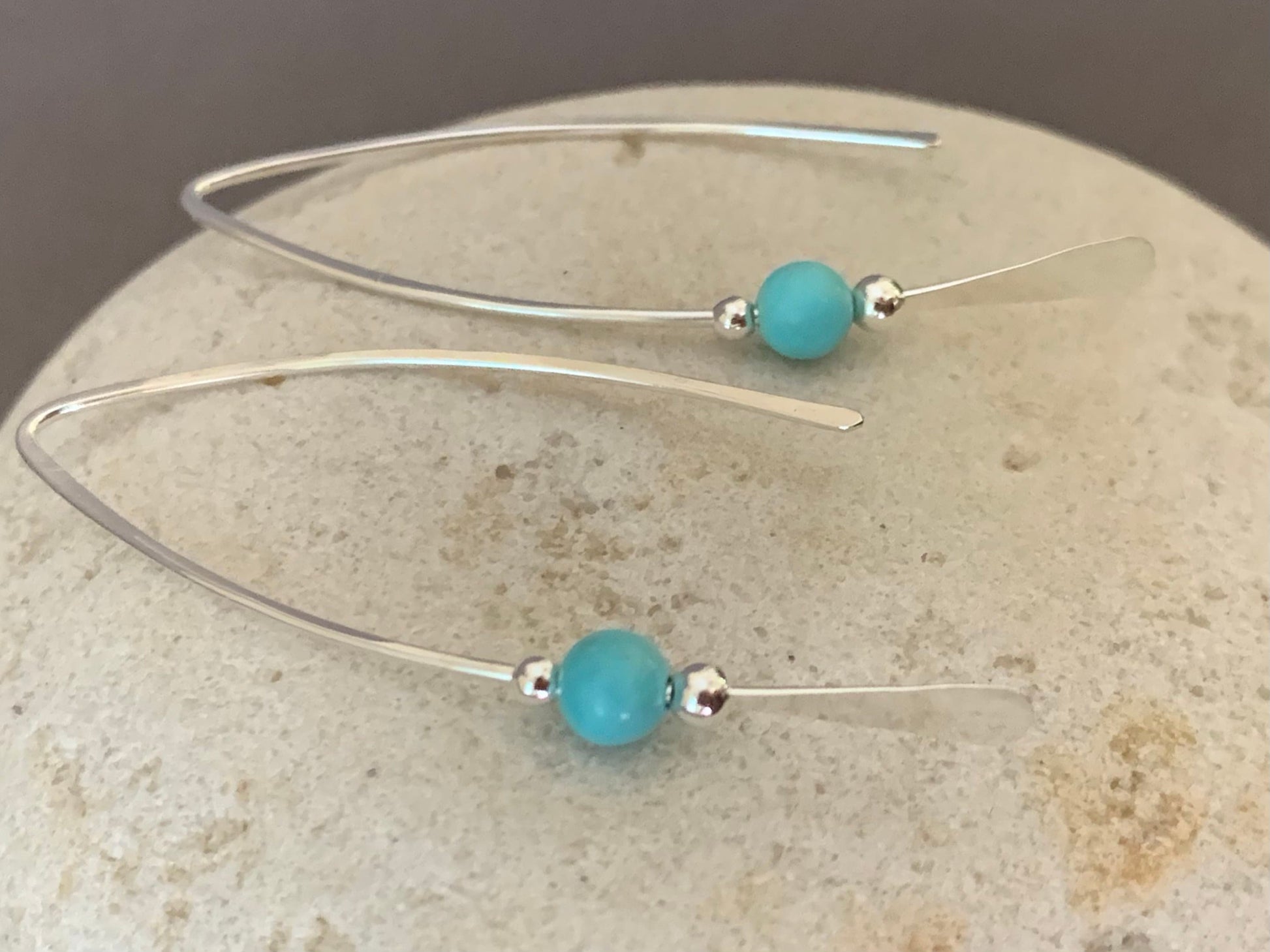 Silver Threader Earrings, Sterling Wishbone Earrings, Ocean Blue Stone Bead, Thin Open Hoops, Medium Hammered Hoop Earrings