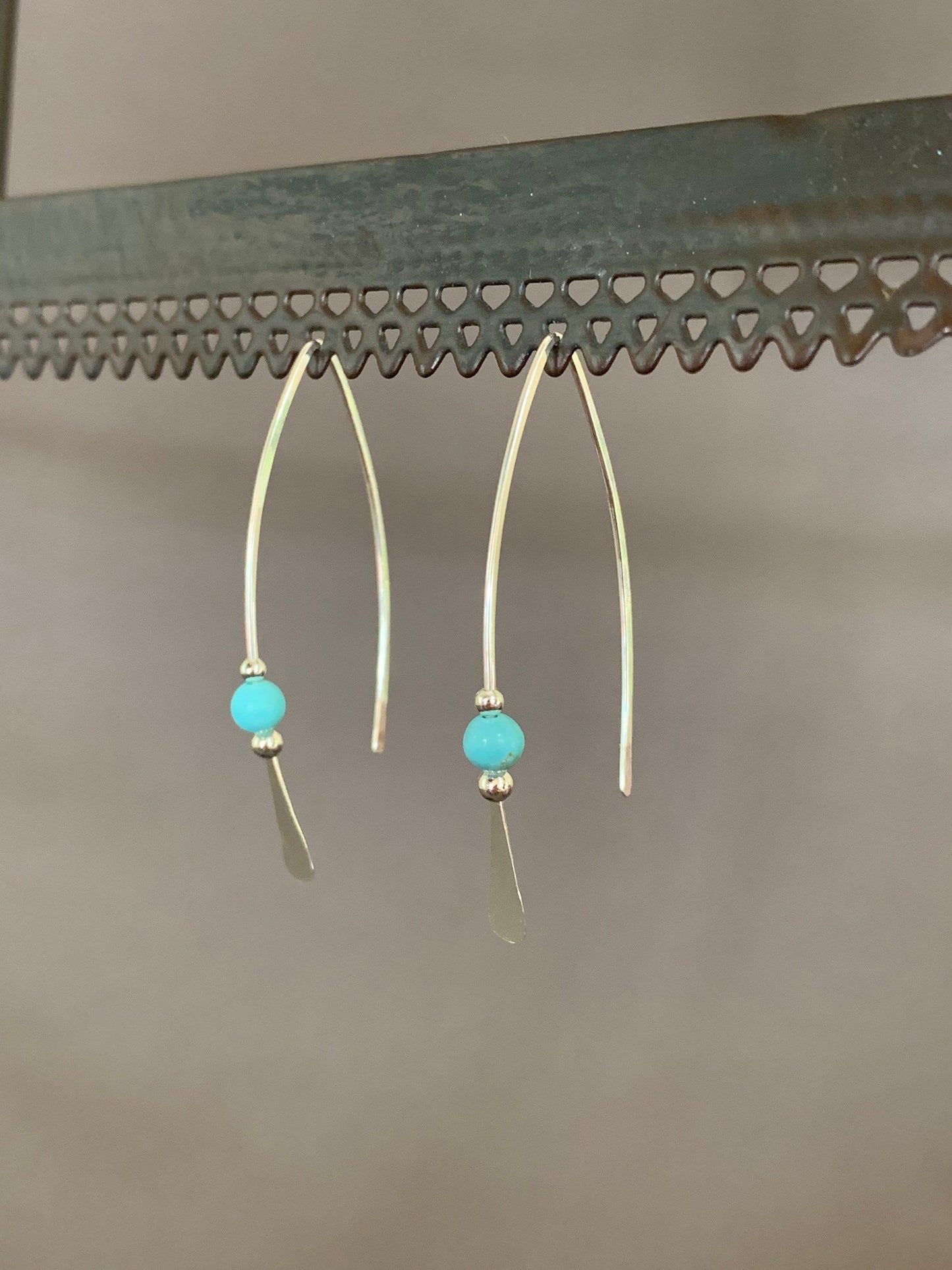 Silver Threader Earrings, Sterling Wishbone Earrings, Ocean Blue Stone Bead, Thin Open Hoops, Medium Hammered Hoop Earrings