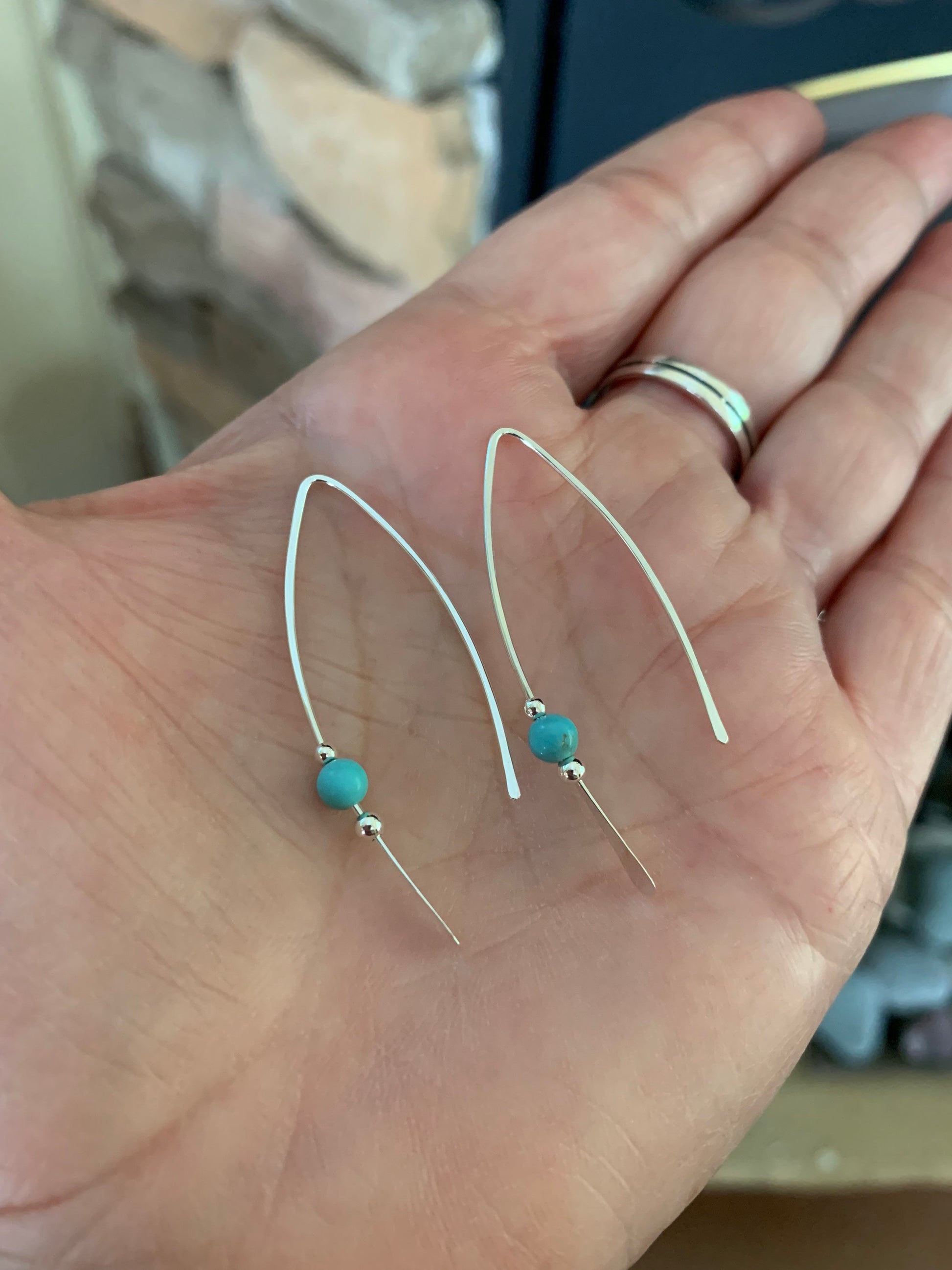 Silver Threader Earrings, Sterling Wishbone Earrings, Ocean Blue Stone Bead, Thin Open Hoops, Medium Hammered Hoop Earrings