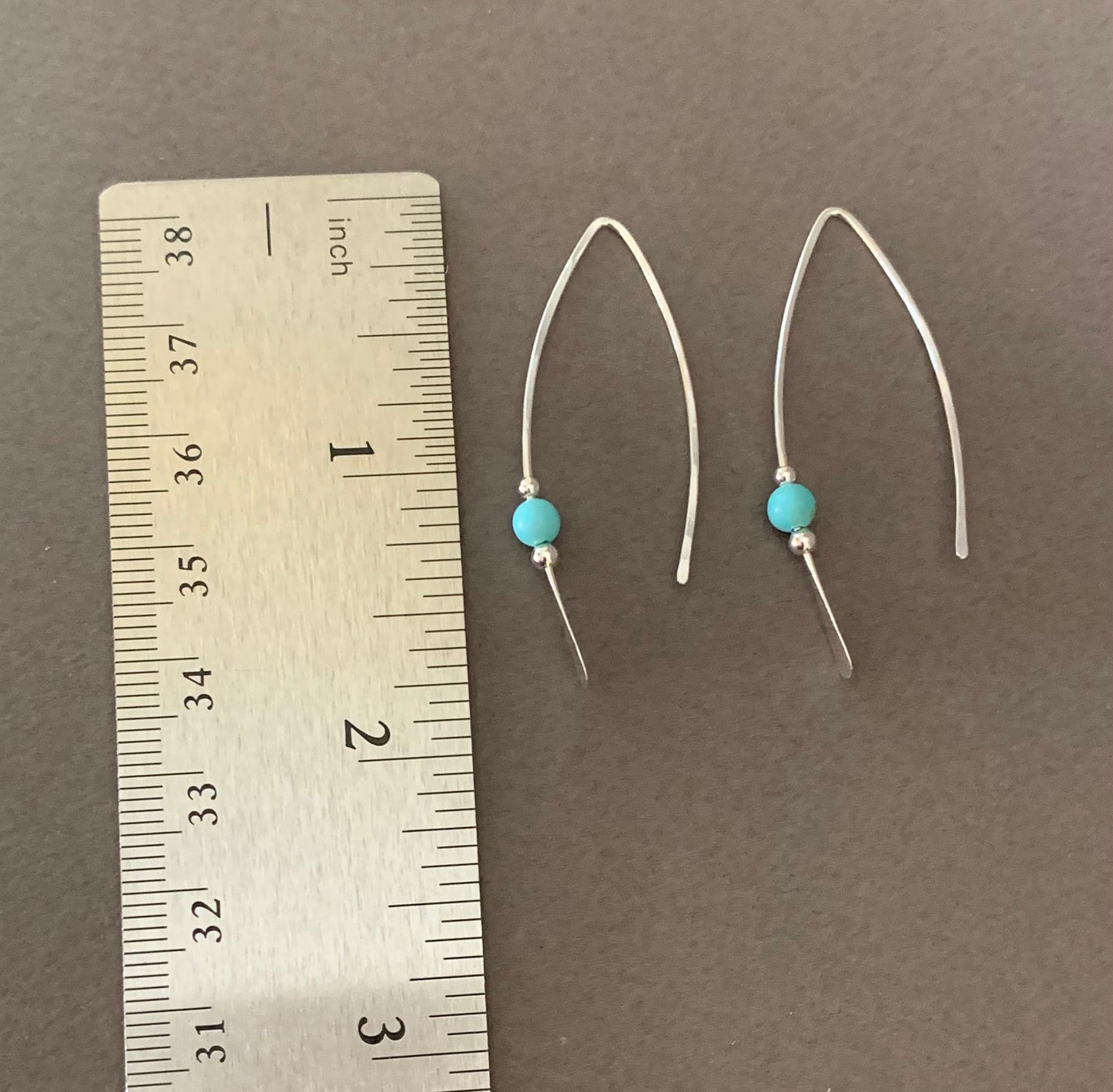 Silver Threader Earrings, Sterling Wishbone Earrings, Ocean Blue Stone Bead, Thin Open Hoops, Medium Hammered Hoop Earrings