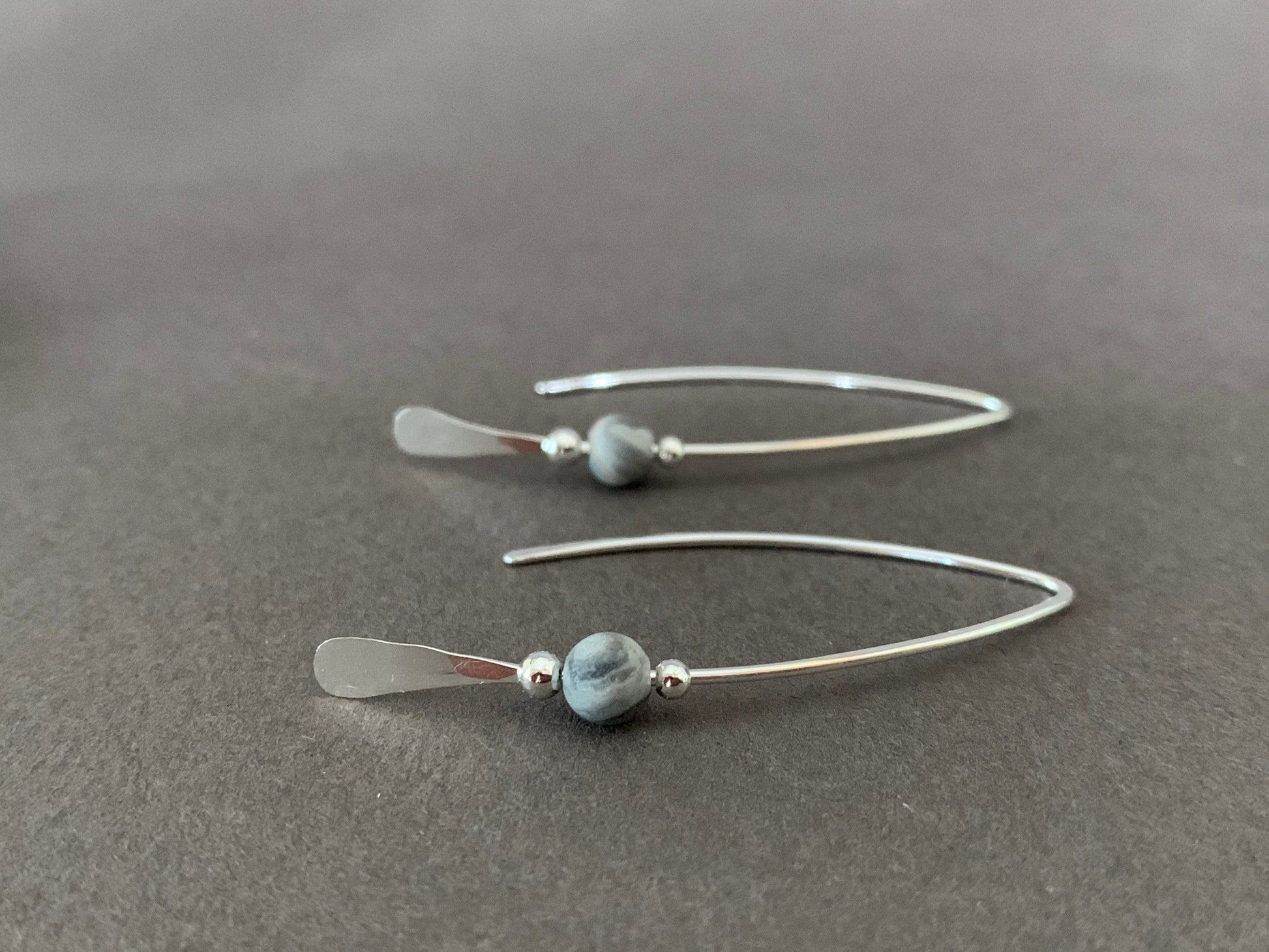 Gray Stone Threader Earrings, Matte Gray Jasper Bead, Sterling Wishbone Earrings, Thin Open Silver Hoops, Medium Hoop Earrings