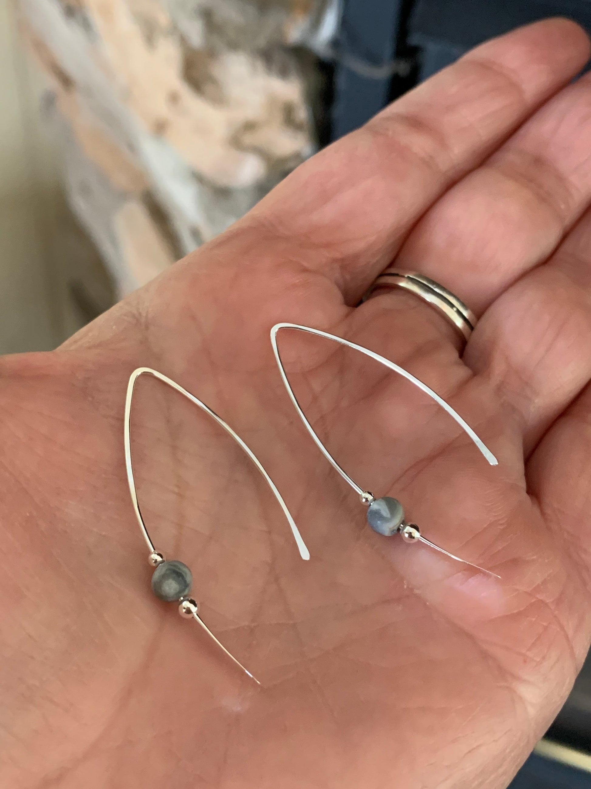 Gray Stone Threader Earrings, Matte Gray Jasper Bead, Sterling Wishbone Earrings, Thin Open Silver Hoops, Medium Hoop Earrings