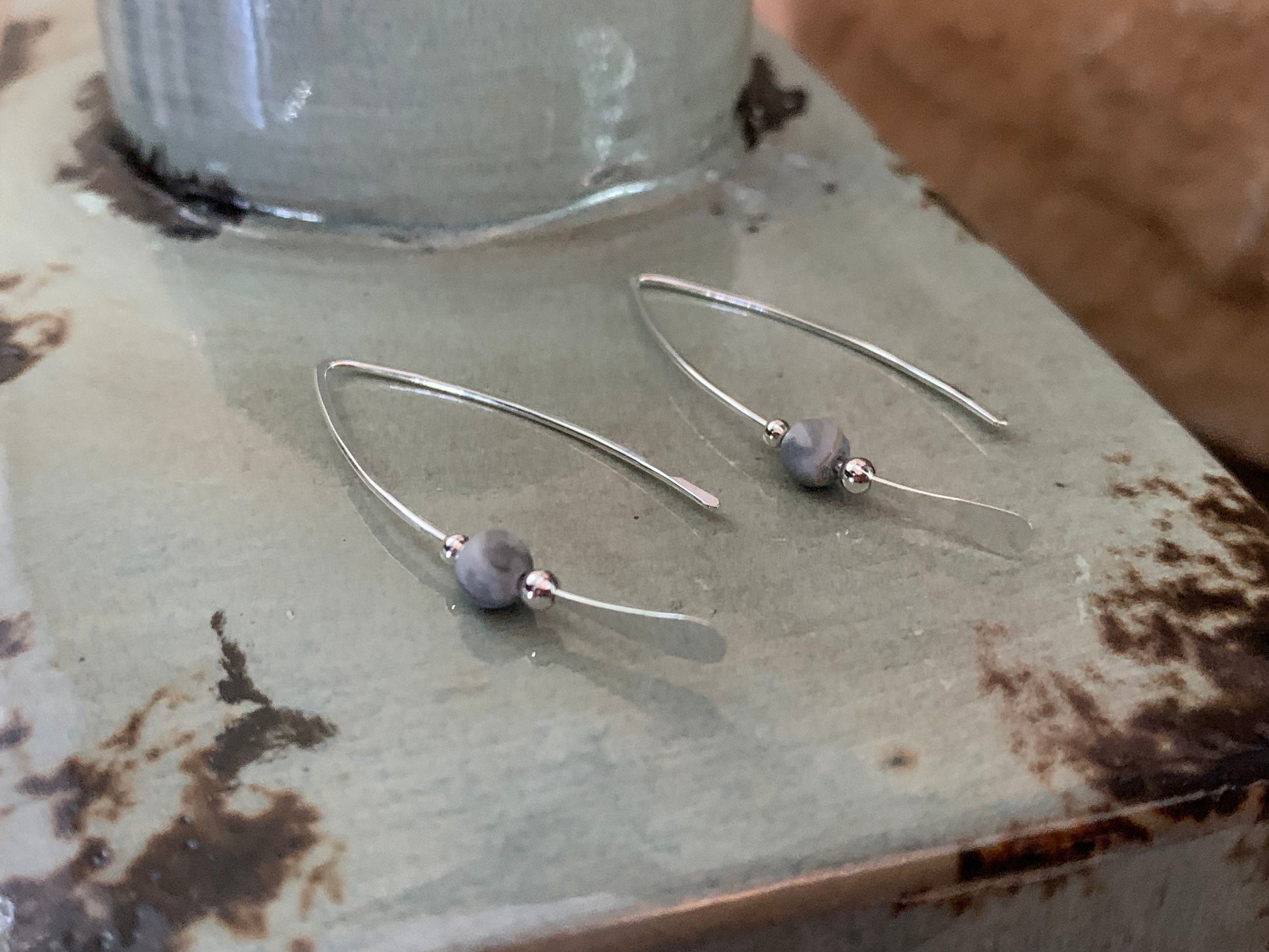 Gray Stone Threader Earrings, Matte Gray Jasper Bead, Sterling Wishbone Earrings, Thin Open Silver Hoops, Medium Hoop Earrings