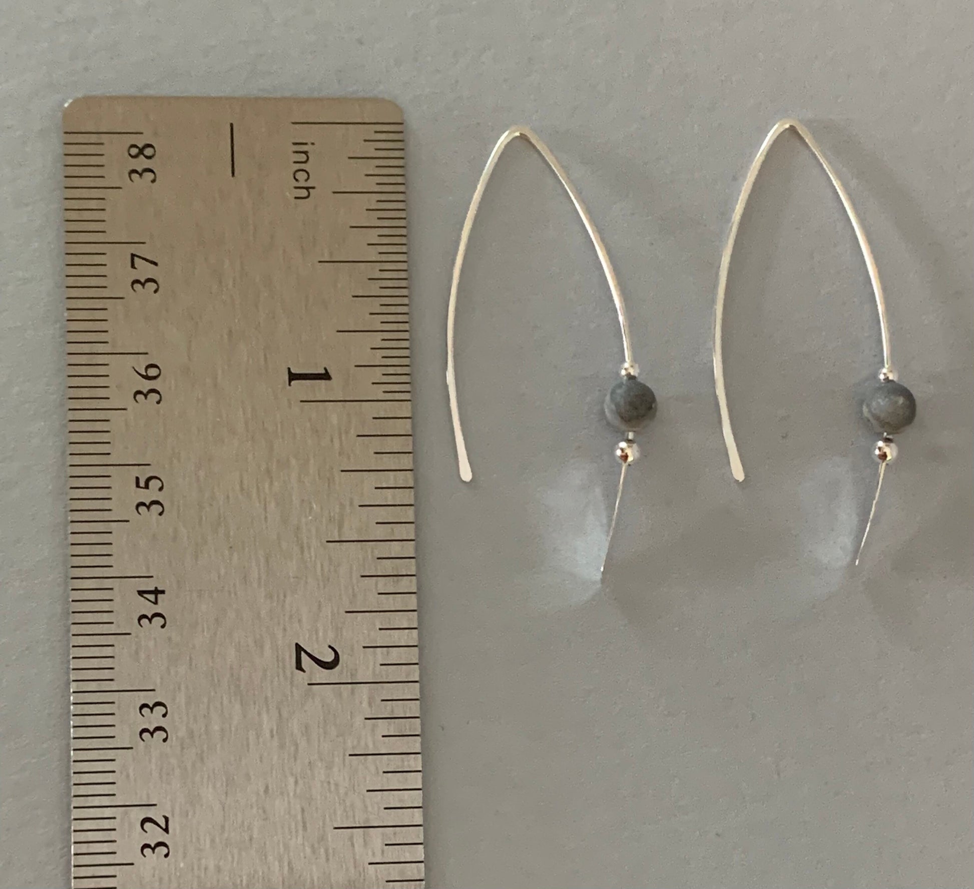 Gray Stone Threader Earrings, Matte Gray Jasper Bead, Sterling Wishbone Earrings, Thin Open Silver Hoops, Medium Hoop Earrings