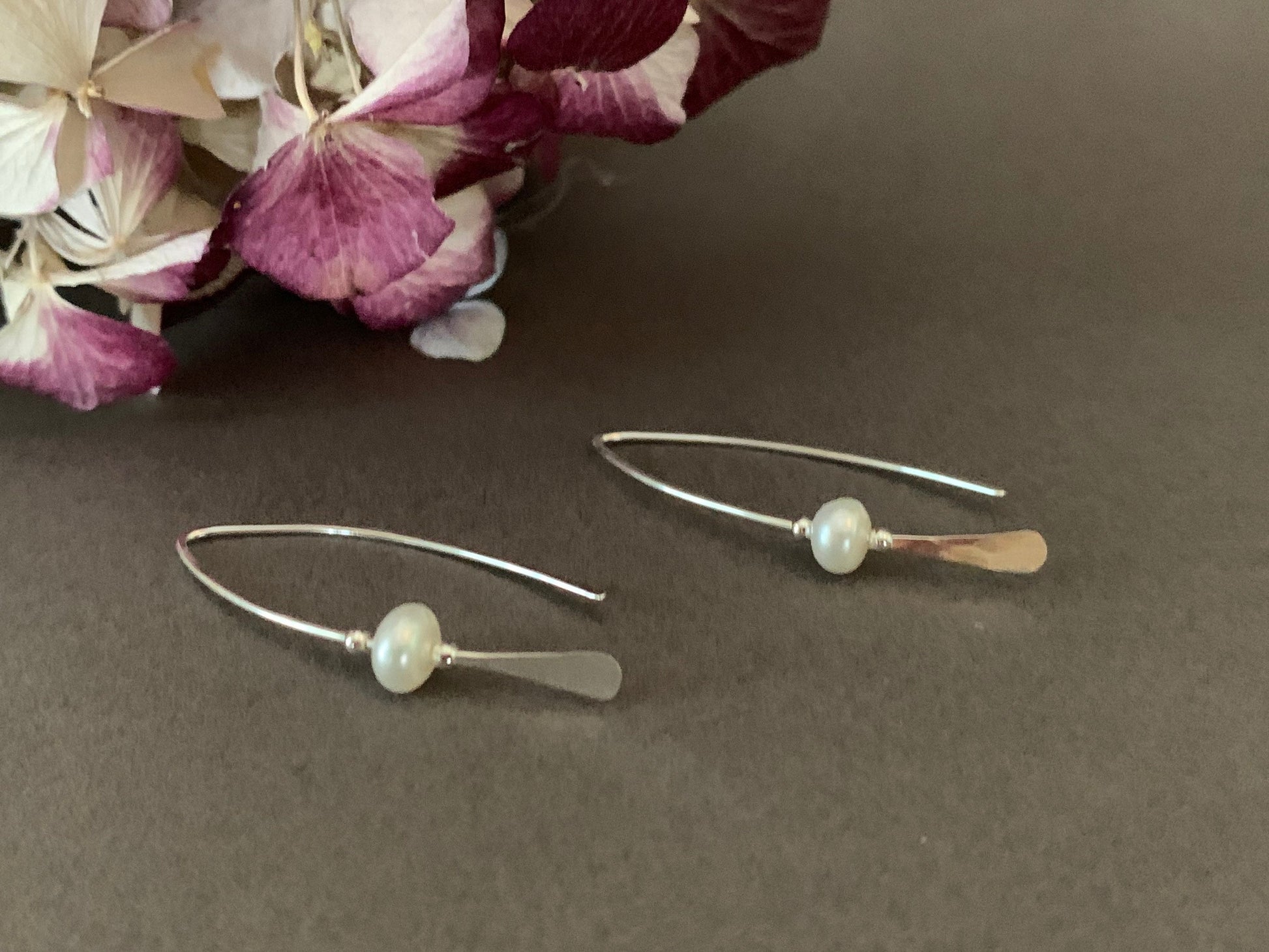 Silver Pearl Threader Earrings, Pearl Sterling Wishbone Earrings, Thin Open Hoops, Delicate Hoops with Freshwater Pearls