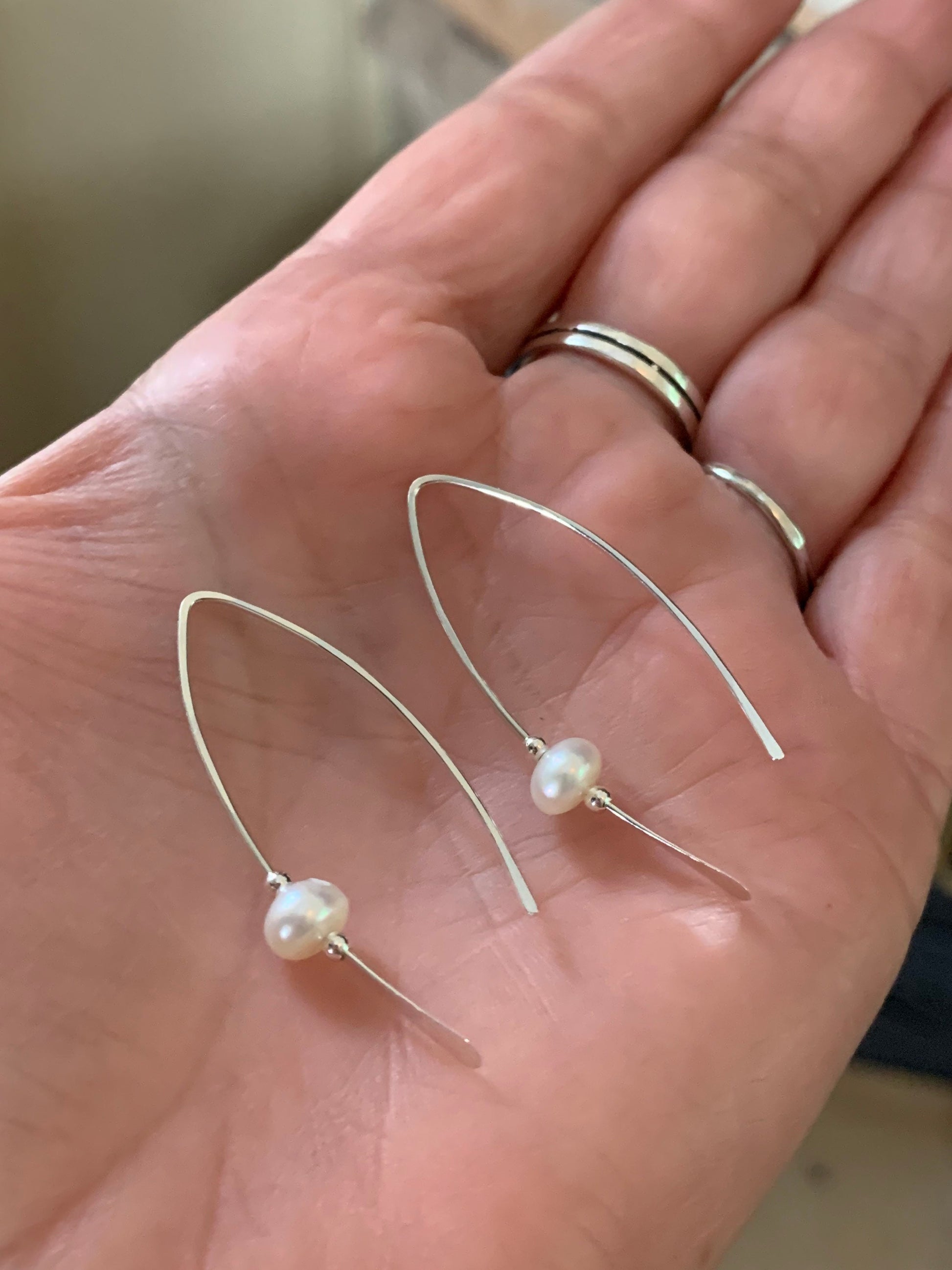 Silver Pearl Threader Earrings, Pearl Sterling Wishbone Earrings, Thin Open Hoops, Delicate Hoops with Freshwater Pearls