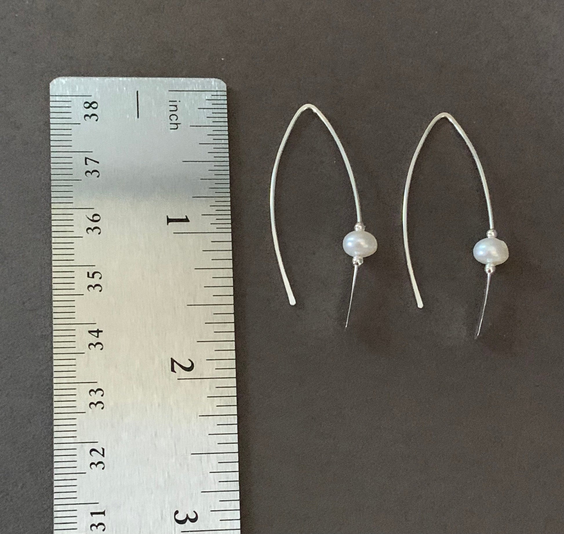 Silver Pearl Threader Earrings, Pearl Sterling Wishbone Earrings, Thin Open Hoops, Delicate Hoops with Freshwater Pearls