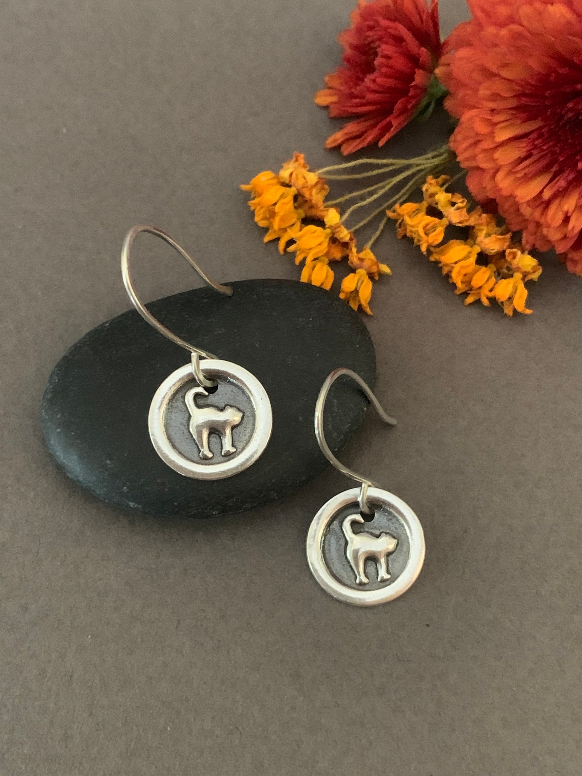 Sterling Silver Cat Earrings, Cat Charm Earrings, Spooky Halloween Jewelry, Cat Costume Earrings, Fun Charm Earrings