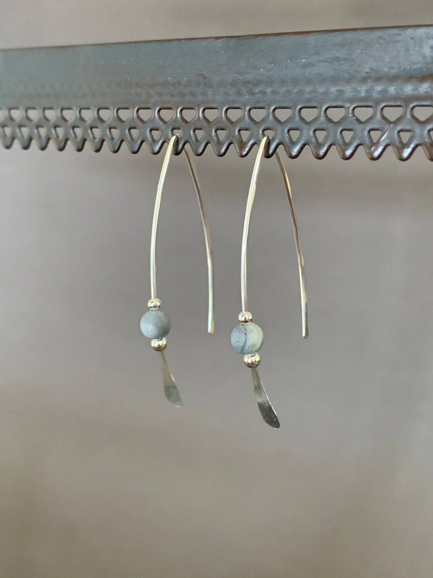 Gray Stone Threader Earrings, Matte Gray Jasper Bead, Sterling Wishbone Earrings, Thin Open Silver Hoops, Medium Hoop Earrings