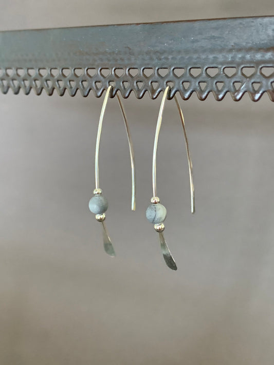 Gray Stone Threader Earrings, Matte Gray Jasper Bead, Sterling Wishbone Earrings, Thin Open Silver Hoops, Medium Hoop Earrings