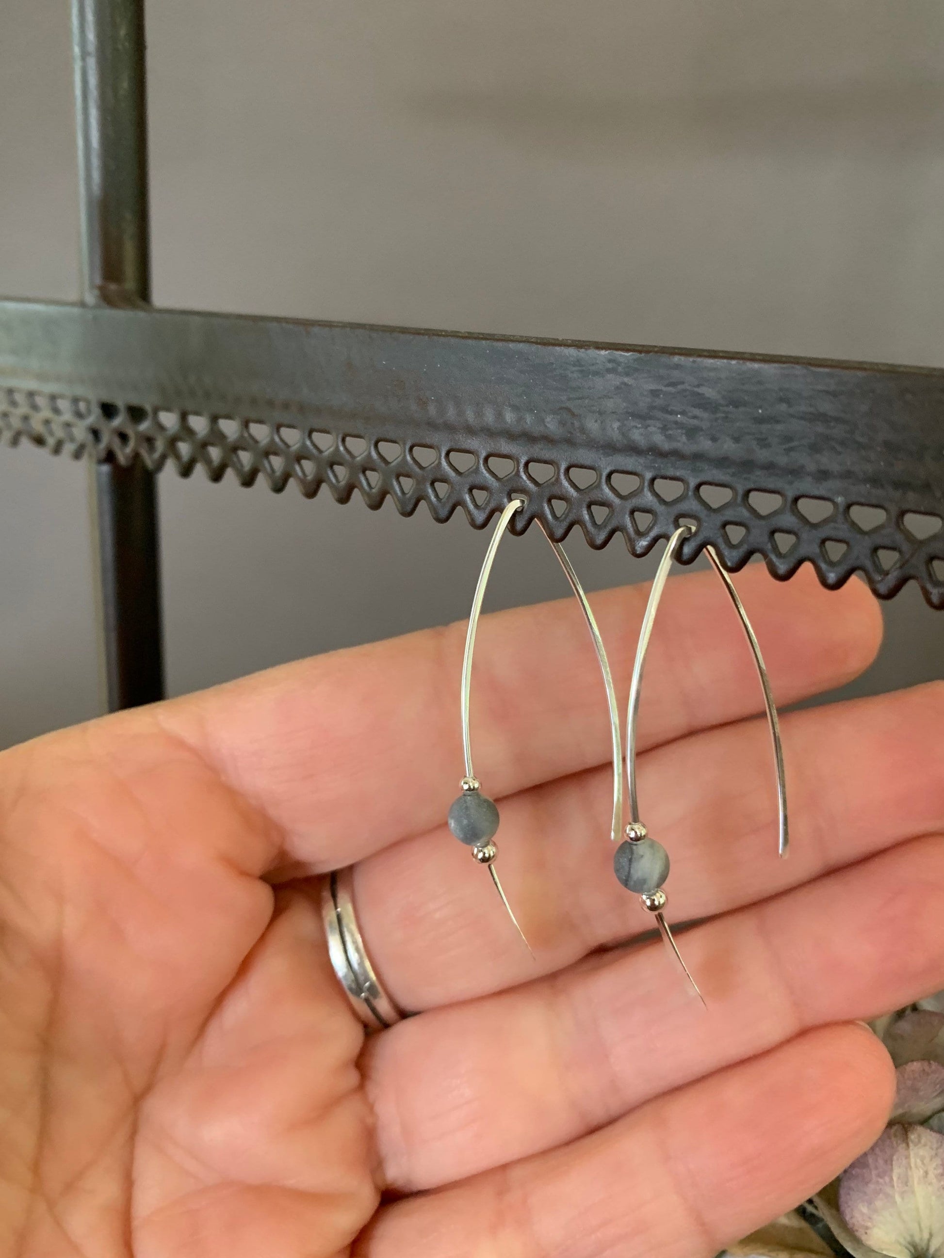 Gray Stone Threader Earrings, Matte Gray Jasper Bead, Sterling Wishbone Earrings, Thin Open Silver Hoops, Medium Hoop Earrings