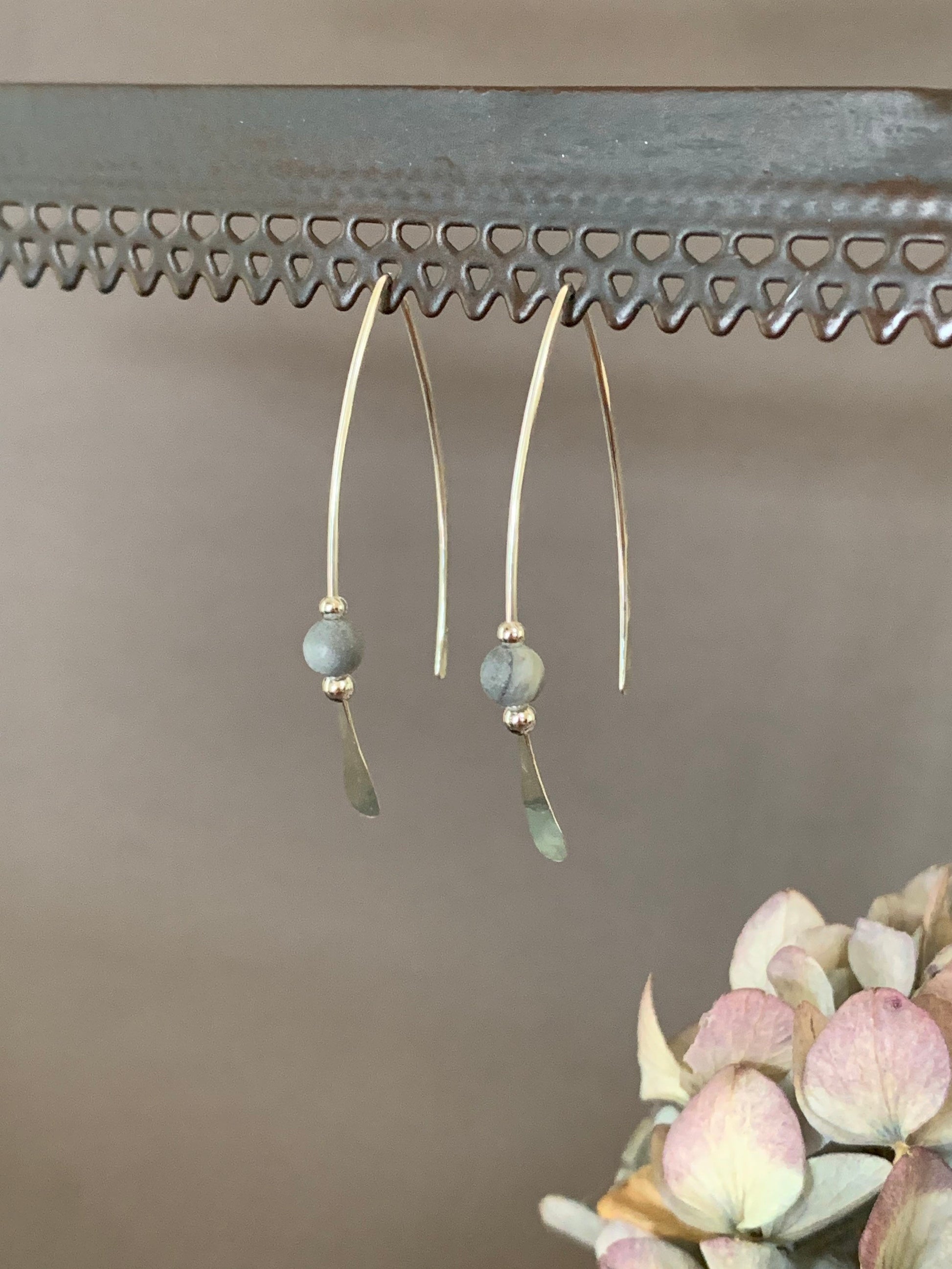 Gray Stone Threader Earrings, Matte Gray Jasper Bead, Sterling Wishbone Earrings, Thin Open Silver Hoops, Medium Hoop Earrings