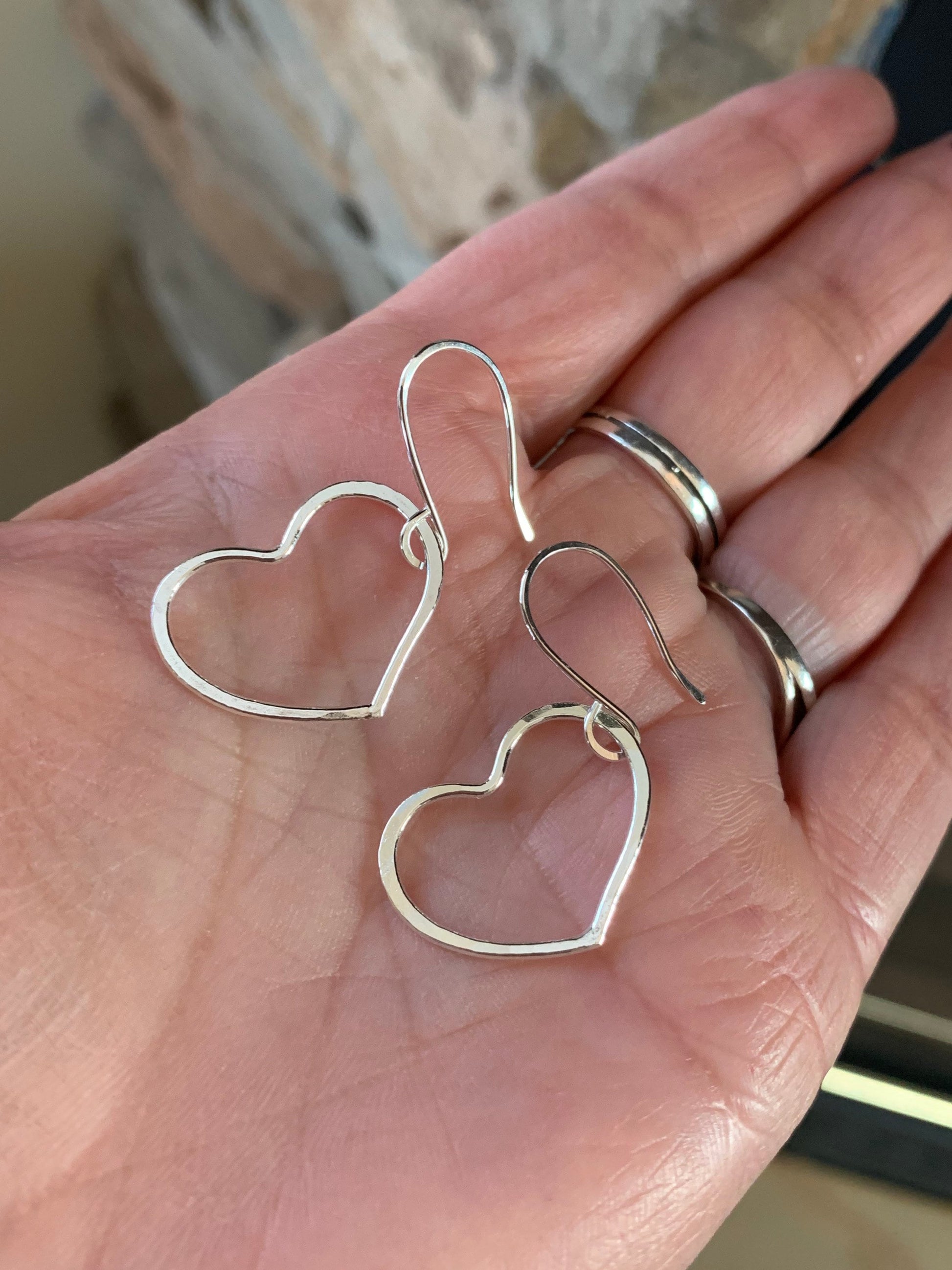 Sterling Heart Earrings, Silver Heart Hoop Earrings, Sweetheart Gift, Love Earrings, Hammered Hoops, Dangle Heart Earrings, Handmade Jewelry