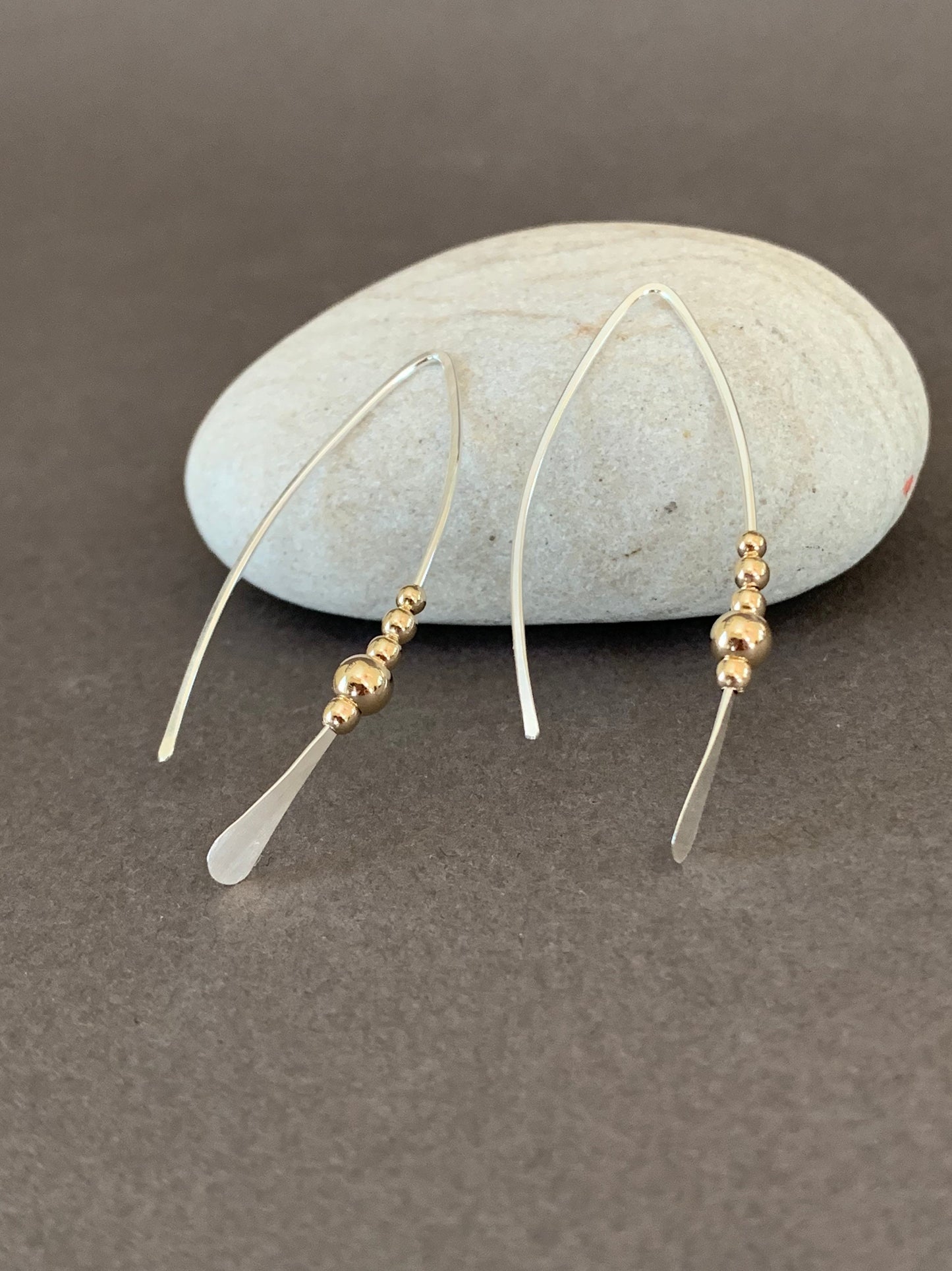 Silver and Gold Threader Earrings, Sterling Wishbone Earrings, Thin Open Hoops, Medium Hammered Hoop Earrings