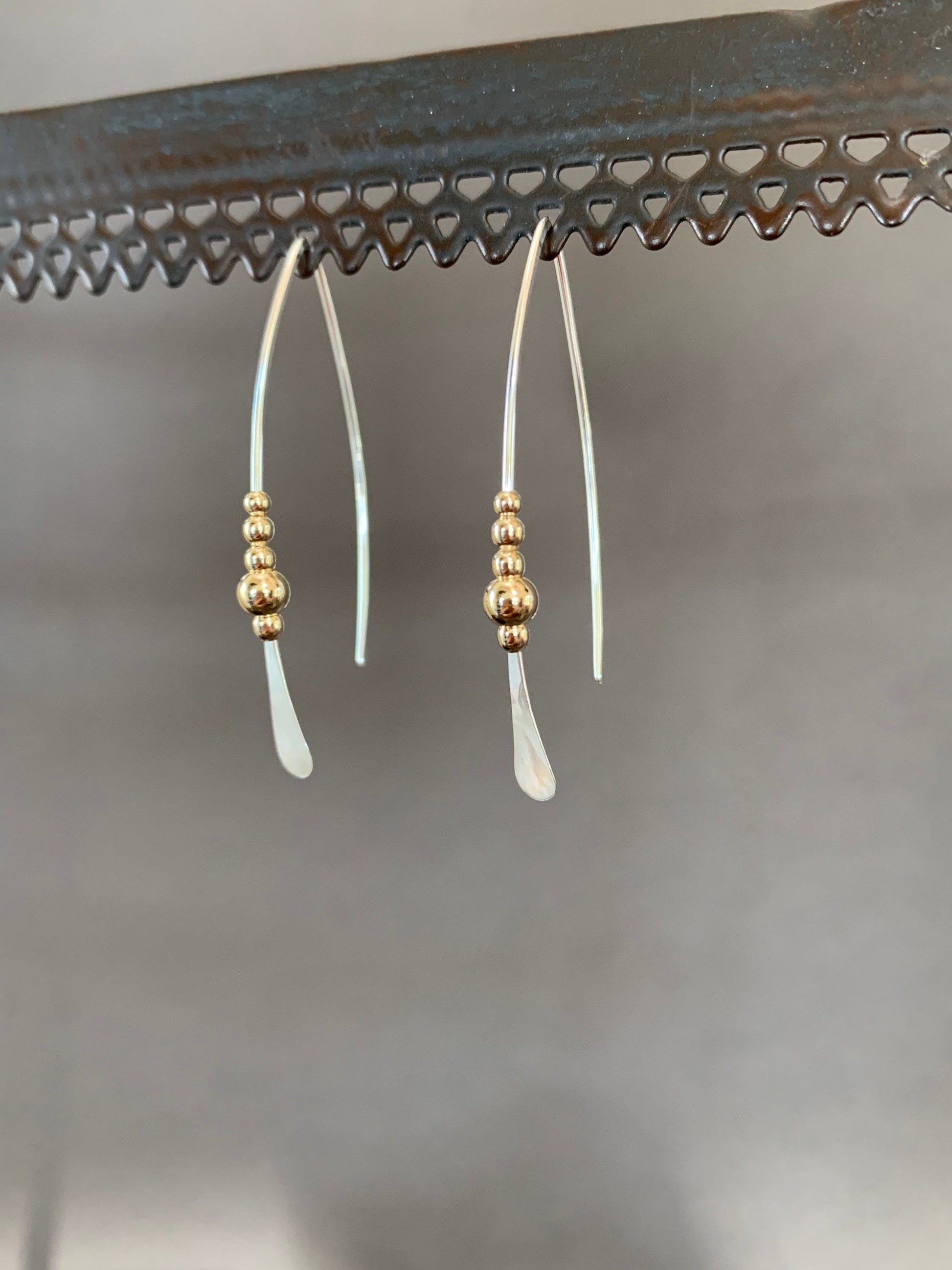 Silver and Gold Threader Earrings, Sterling Wishbone Earrings, Thin Open Hoops, Medium Hammered Hoop Earrings