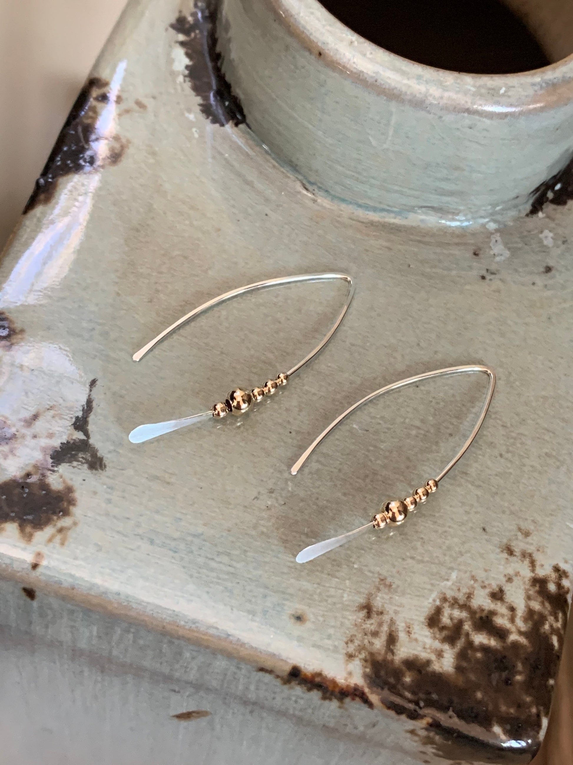 Silver and Gold Threader Earrings, Sterling Wishbone Earrings, Thin Open Hoops, Medium Hammered Hoop Earrings