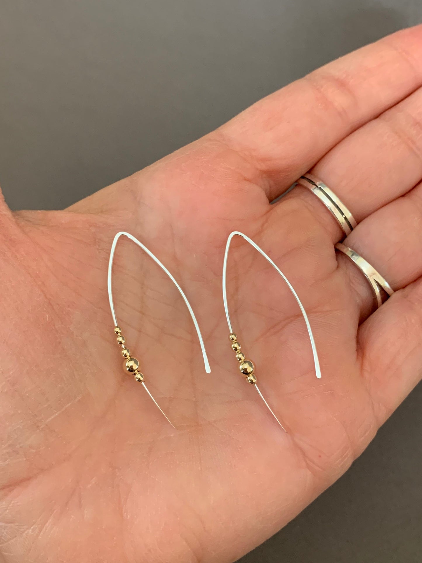 Silver and Gold Threader Earrings, Sterling Wishbone Earrings, Thin Open Hoops, Medium Hammered Hoop Earrings