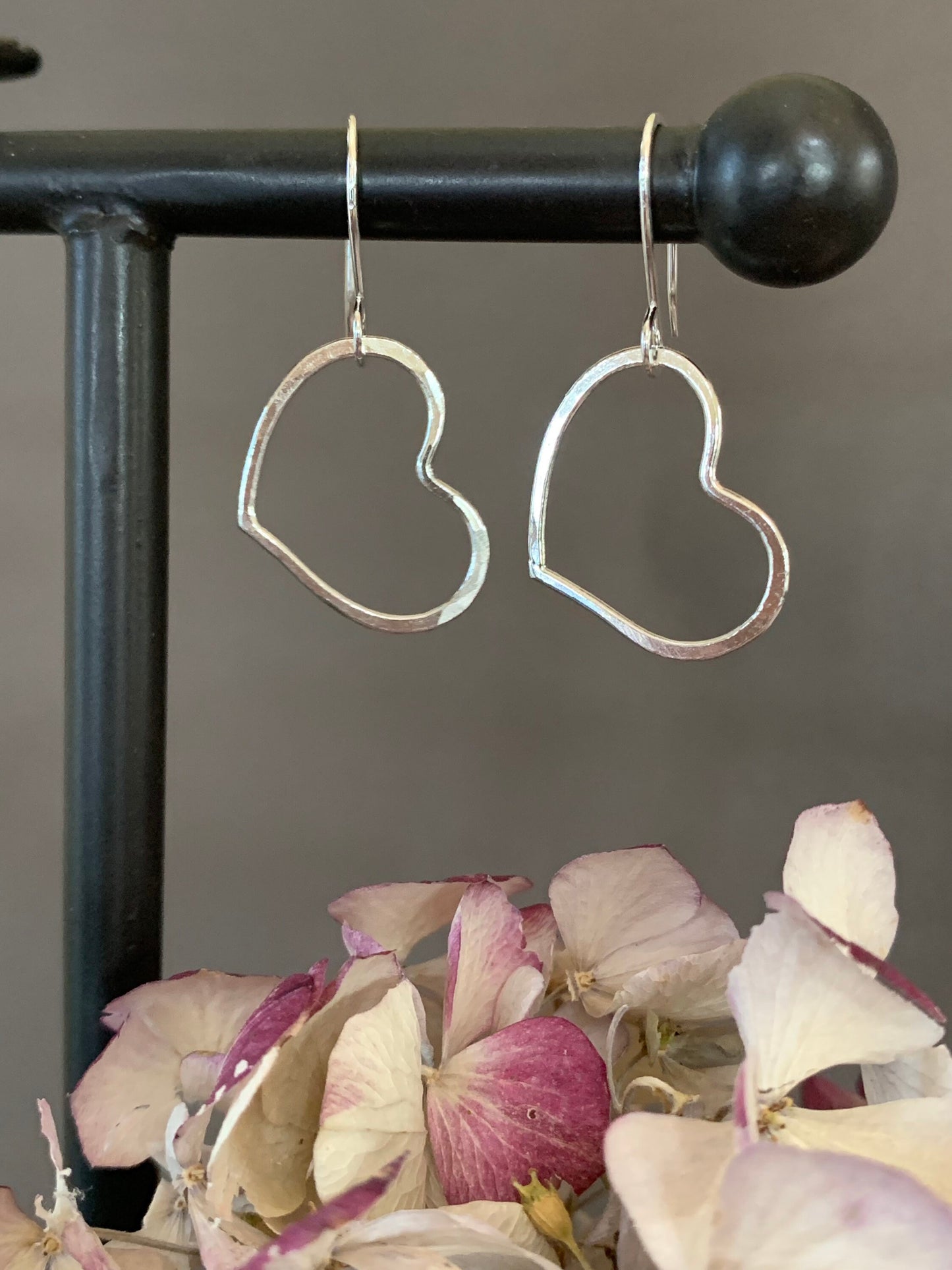 Sterling Heart Earrings, Silver Heart Hoop Earrings, Sweetheart Gift, Love Earrings, Hammered Hoops, Dangle Heart Earrings, Handmade Jewelry