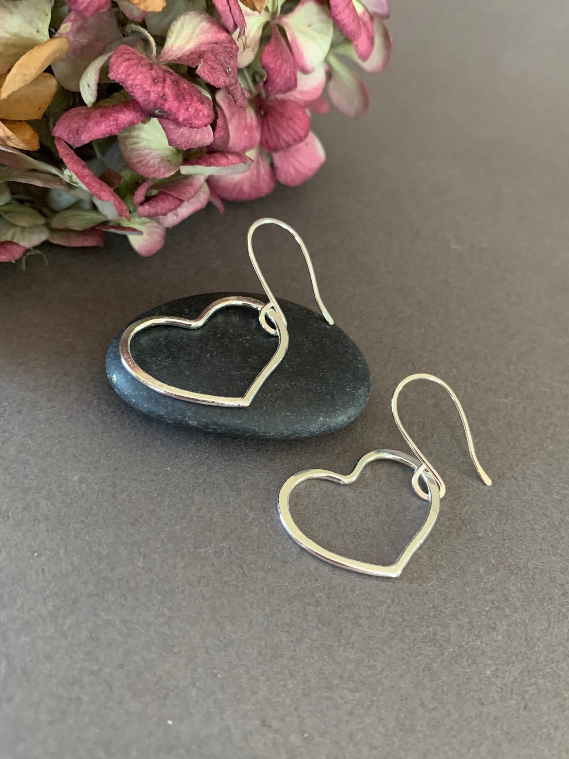 Sterling Heart Earrings, Silver Heart Hoop Earrings, Sweetheart Gift, Love Earrings, Hammered Hoops, Dangle Heart Earrings, Handmade Jewelry