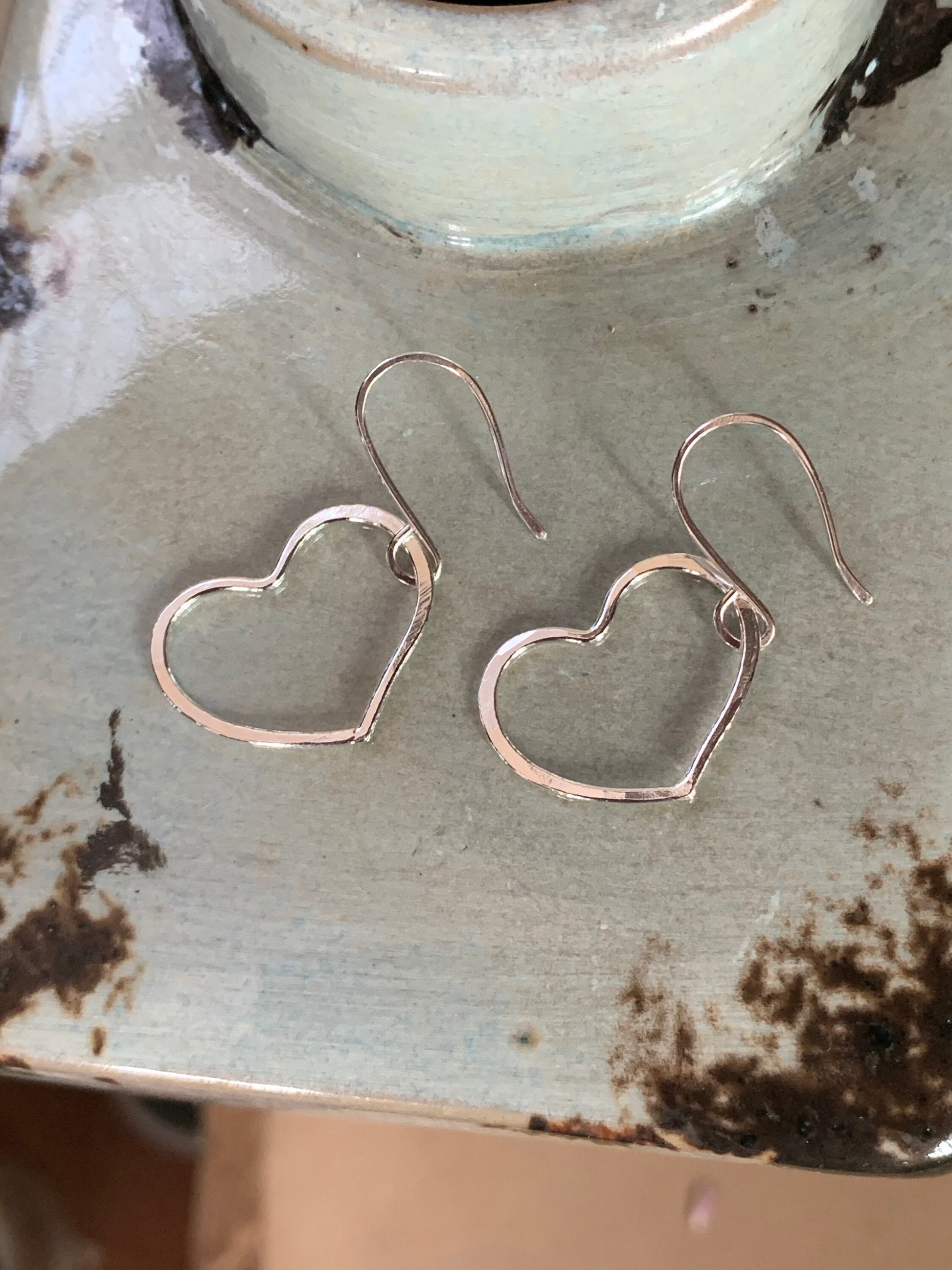 Sterling Heart Earrings, Silver Heart Hoop Earrings, Sweetheart Gift, Love Earrings, Hammered Hoops, Dangle Heart Earrings, Handmade Jewelry