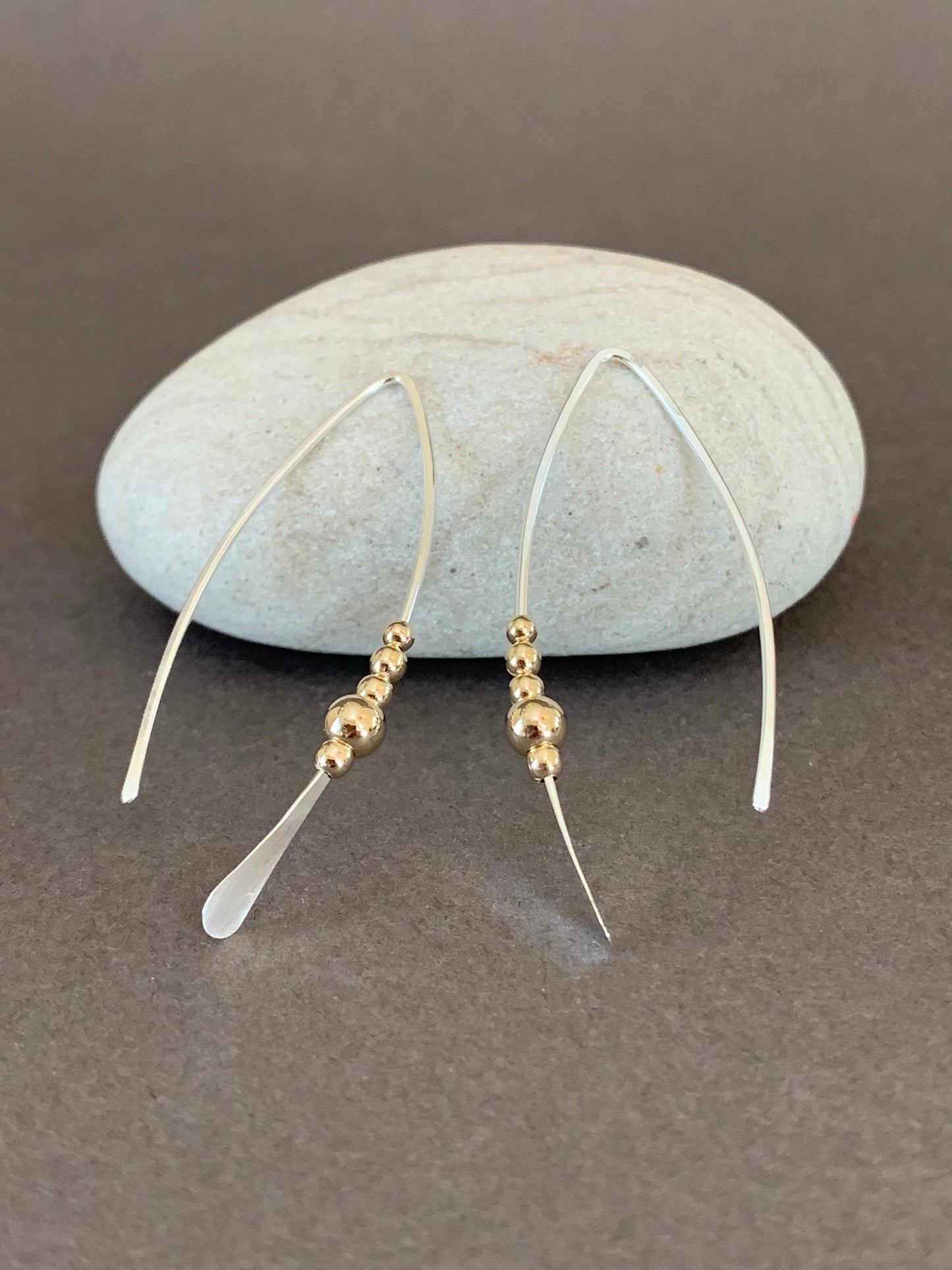 Silver and Gold Threader Earrings, Sterling Wishbone Earrings, Thin Open Hoops, Medium Hammered Hoop Earrings