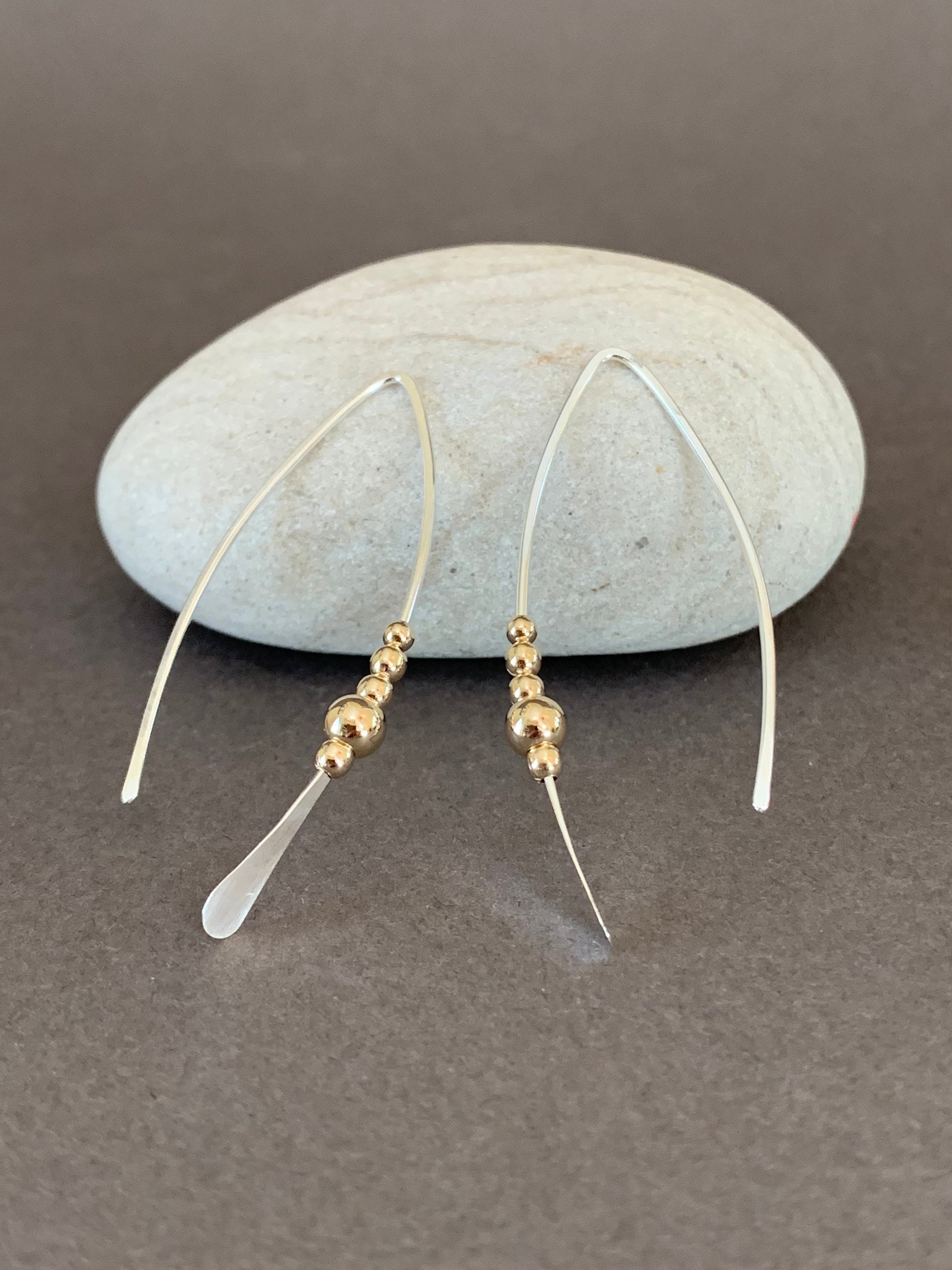 Silver and Gold Threader Earrings, Sterling Wishbone Earrings, Thin Open Hoops, Medium Hammered Hoop Earrings