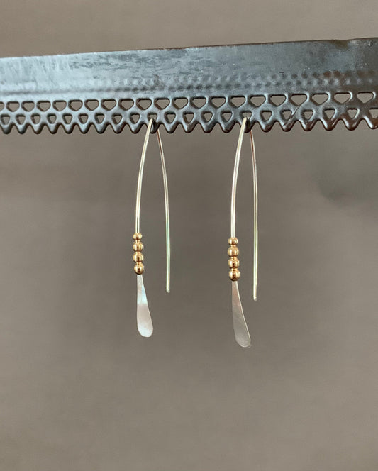 Silver and Gold Threader Earrings, Sterling Wishbone Earrings, Thin Open Hoops, Medium Hammered Hoop Earrings