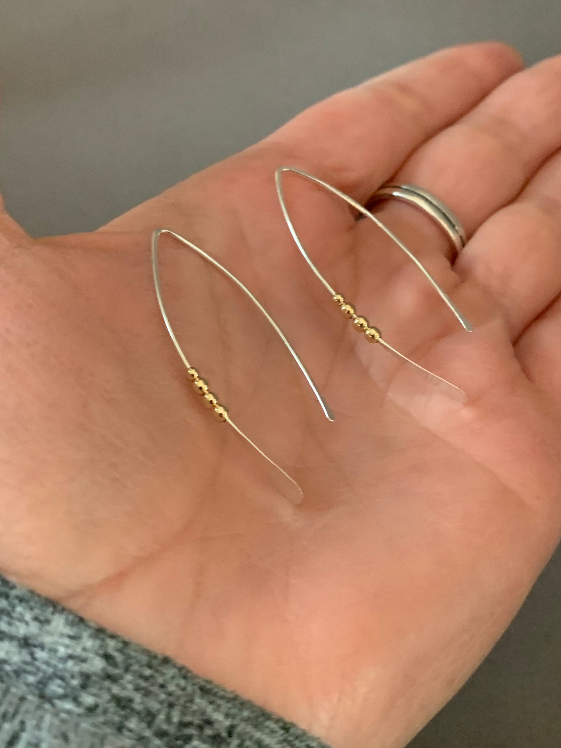 Silver and Gold Threader Earrings, Sterling Wishbone Earrings, Thin Open Hoops, Medium Hammered Hoop Earrings