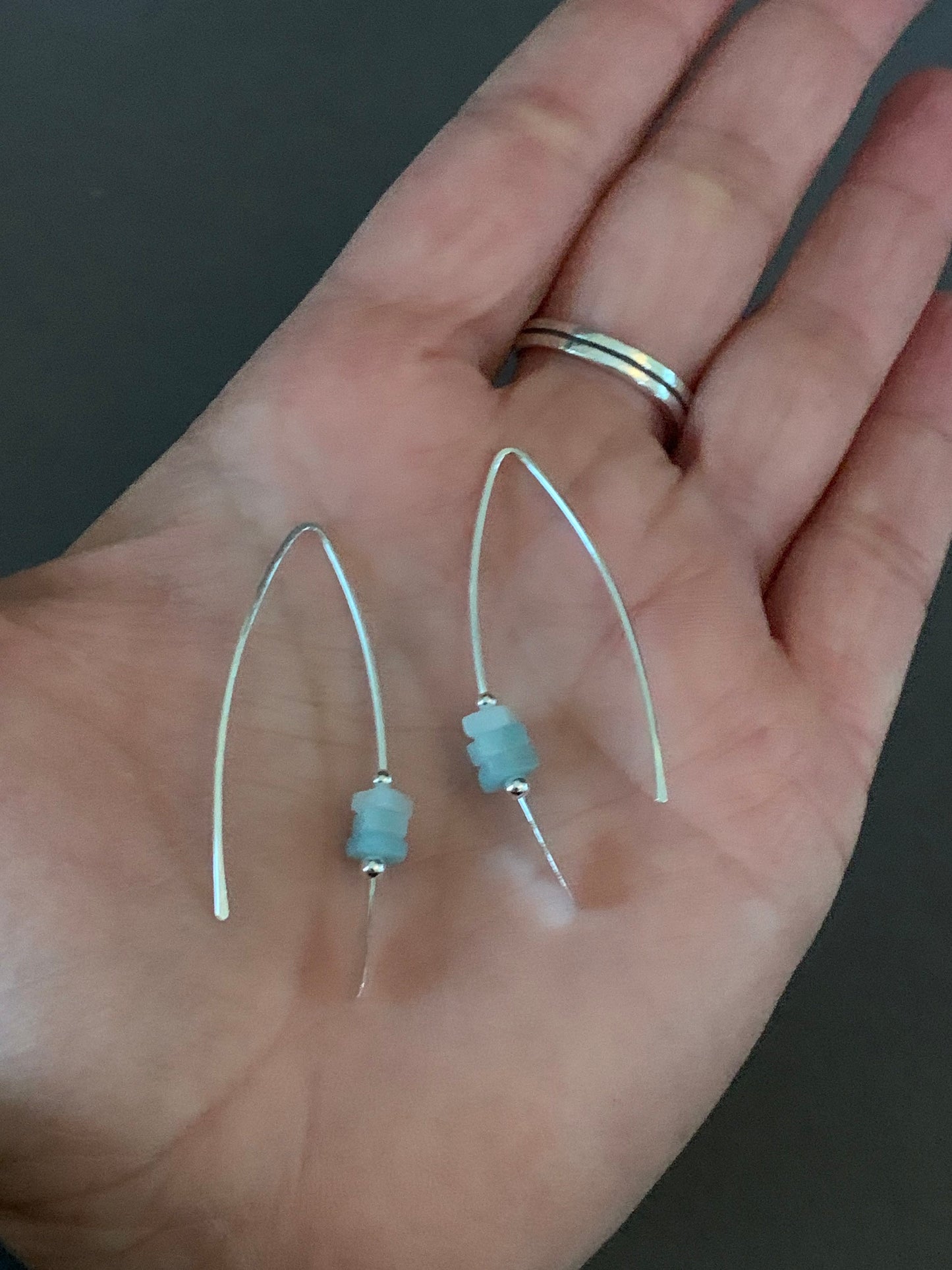 Silver Threader Earrings, Sterling Wishbone Earrings, Light Blue, Aquamarine Beads, Amazonite Stone, Turquoise Earrings, Thin Open Hoops