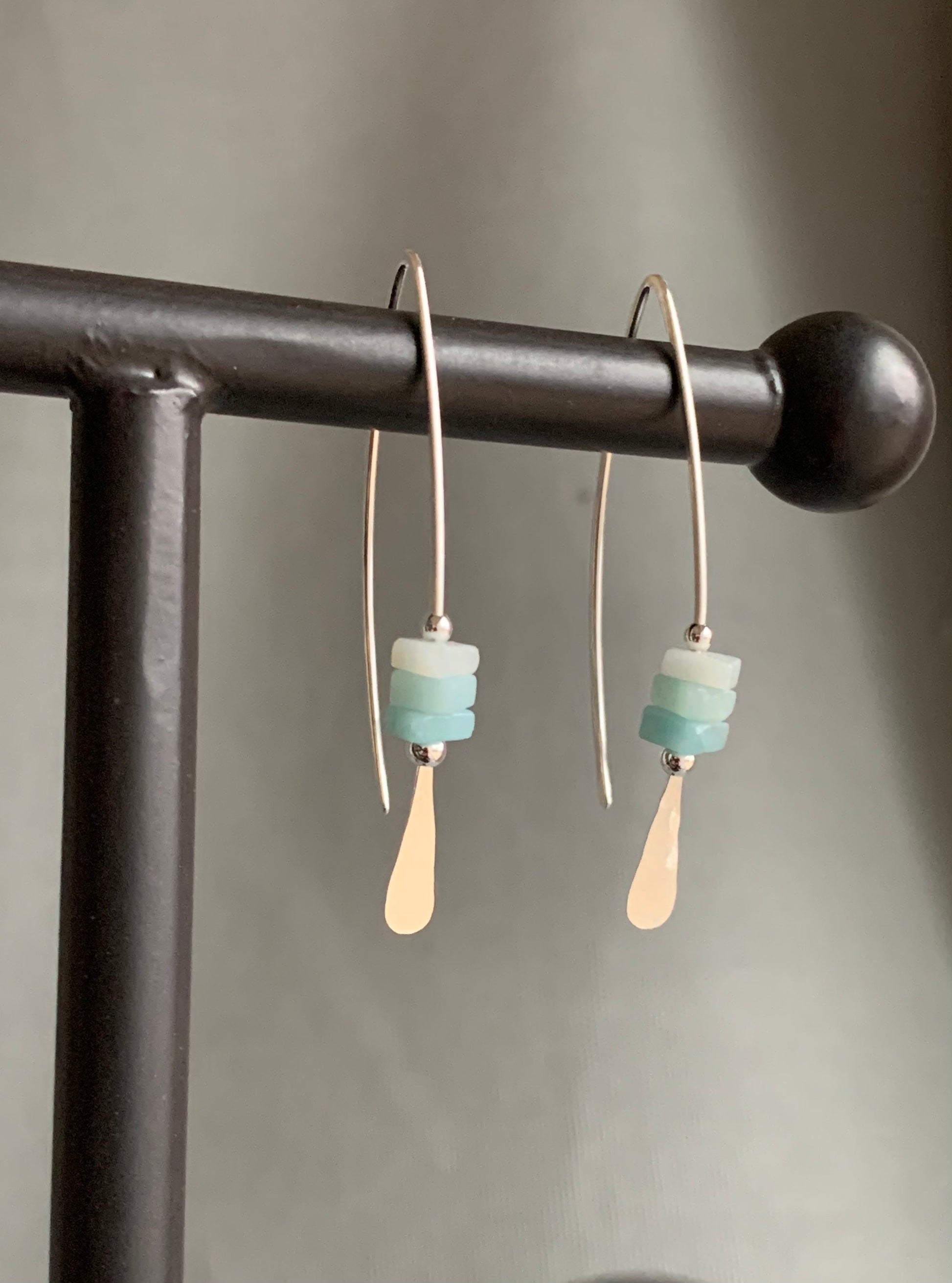 Silver Threader Earrings, Sterling Wishbone Earrings, Light Blue, Aquamarine Beads, Amazonite Stone, Turquoise Earrings, Thin Open Hoops